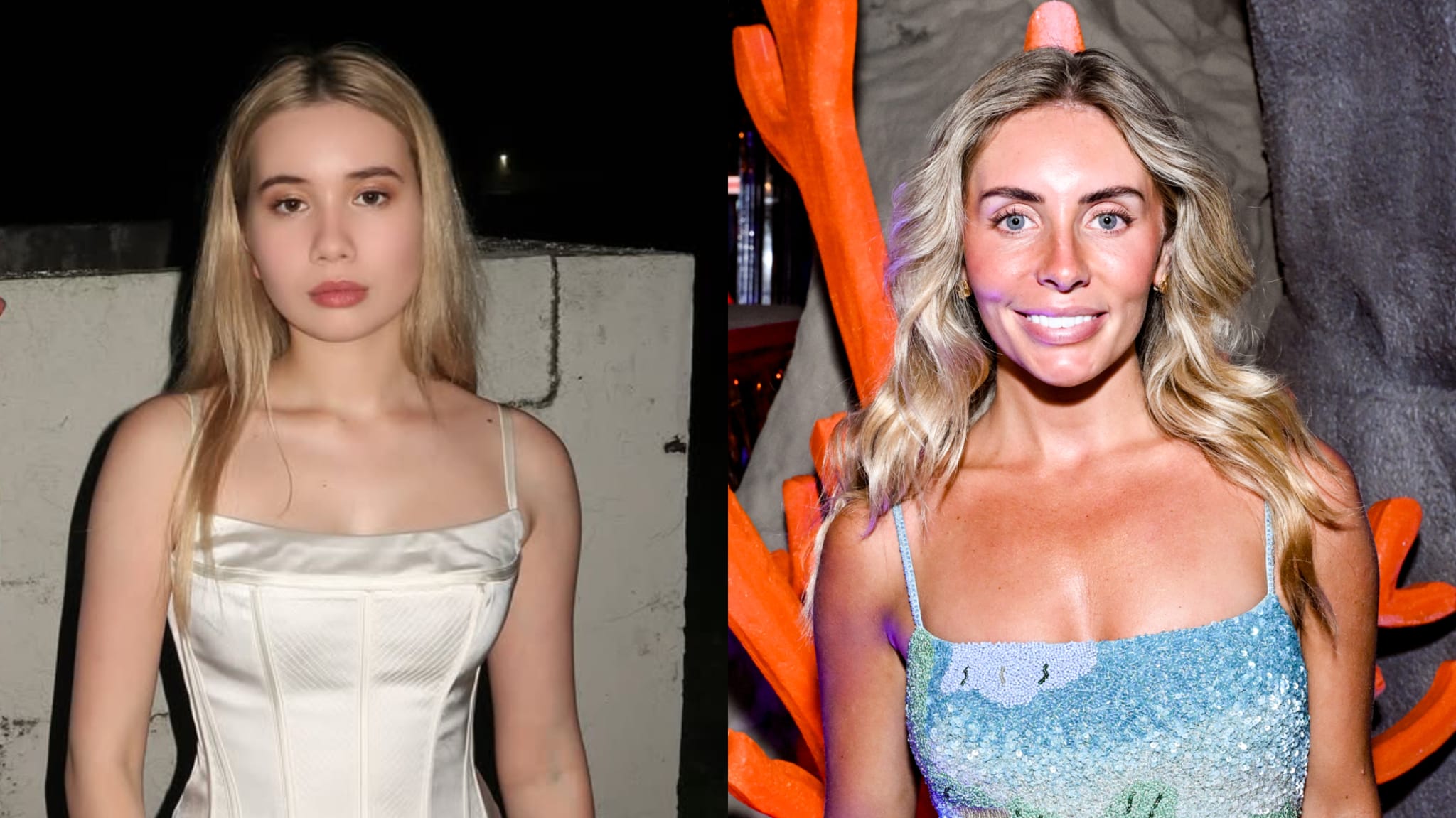 Left: Lil Tay wears a white dress. Right: OnlyFans creator Bonnie Blue wearing a colorful dress.