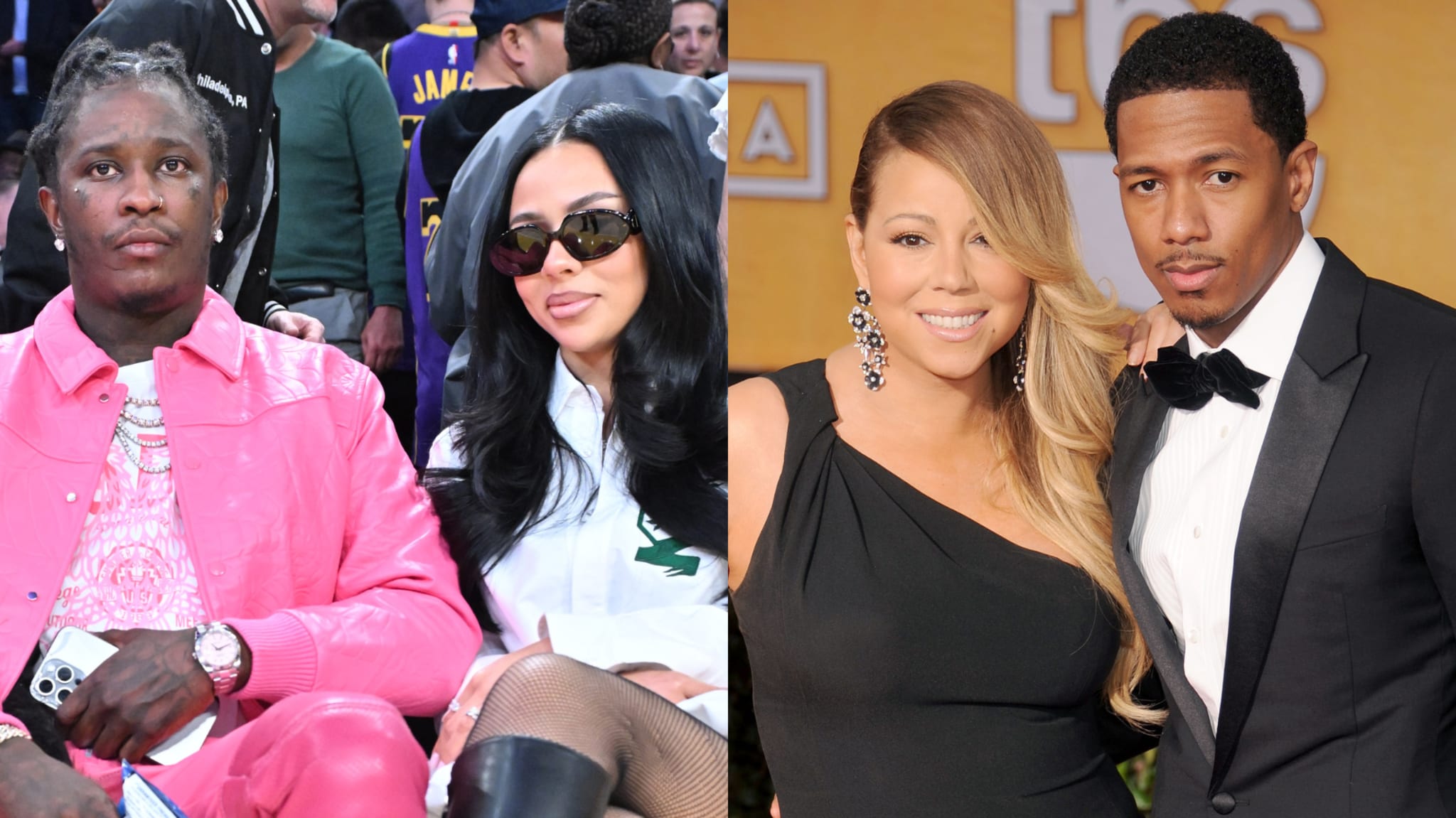 Young Thug in a pink outfit with a woman, and Mariah Carey with Nick Cannon in formal attire.