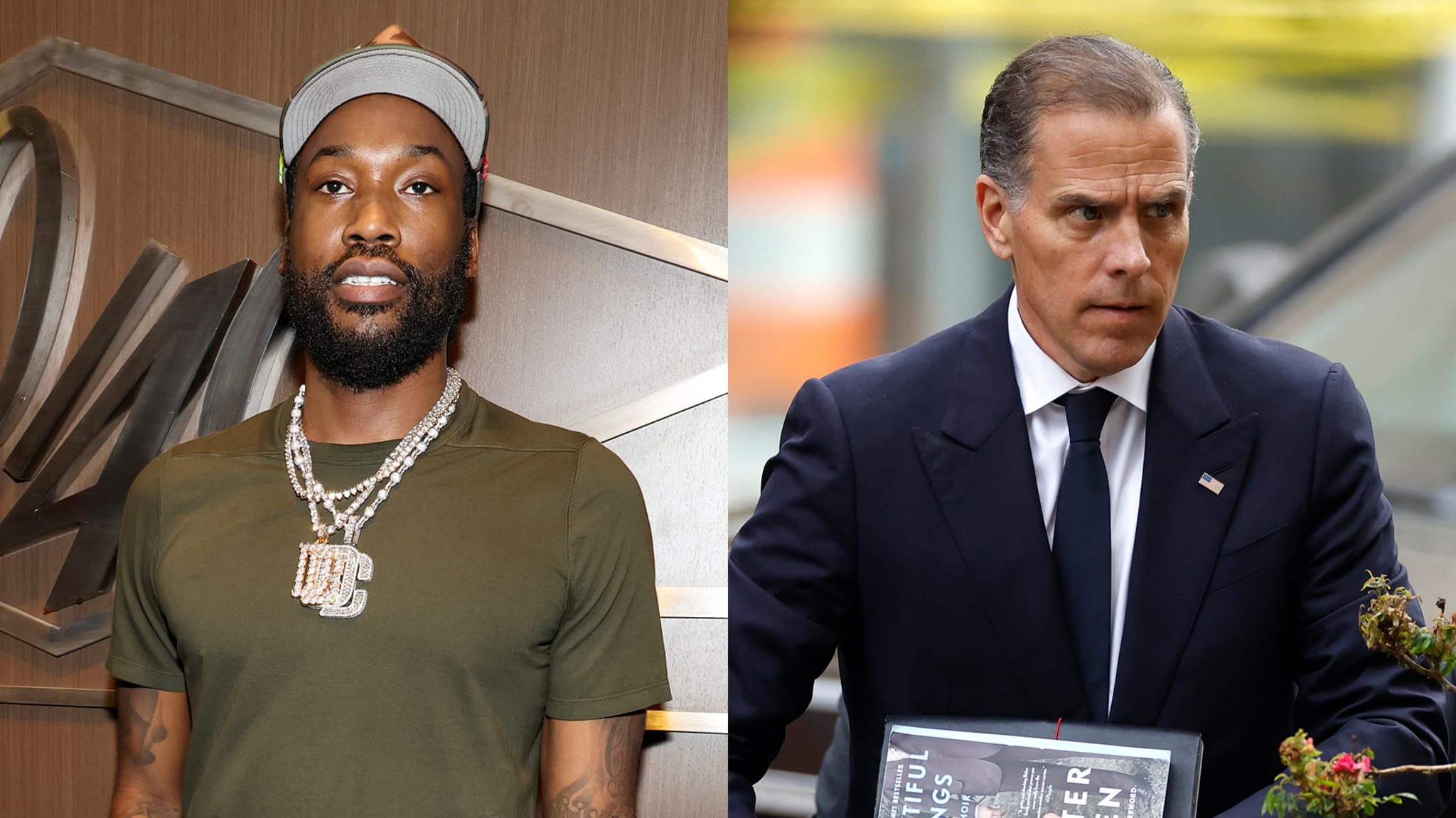 Meek Mill in a green shirt and cap, wearing chains; Hunter Biden in a suit holding a book.