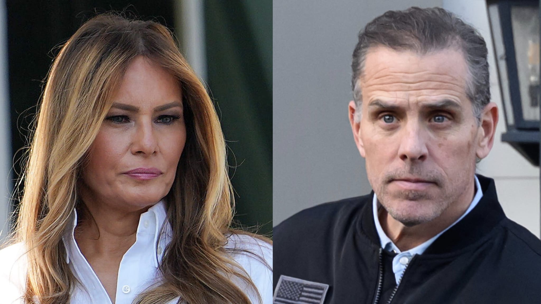 Melania Trump in a white blouse and Hunter Biden in a black jacket, both looking serious, in a split image.