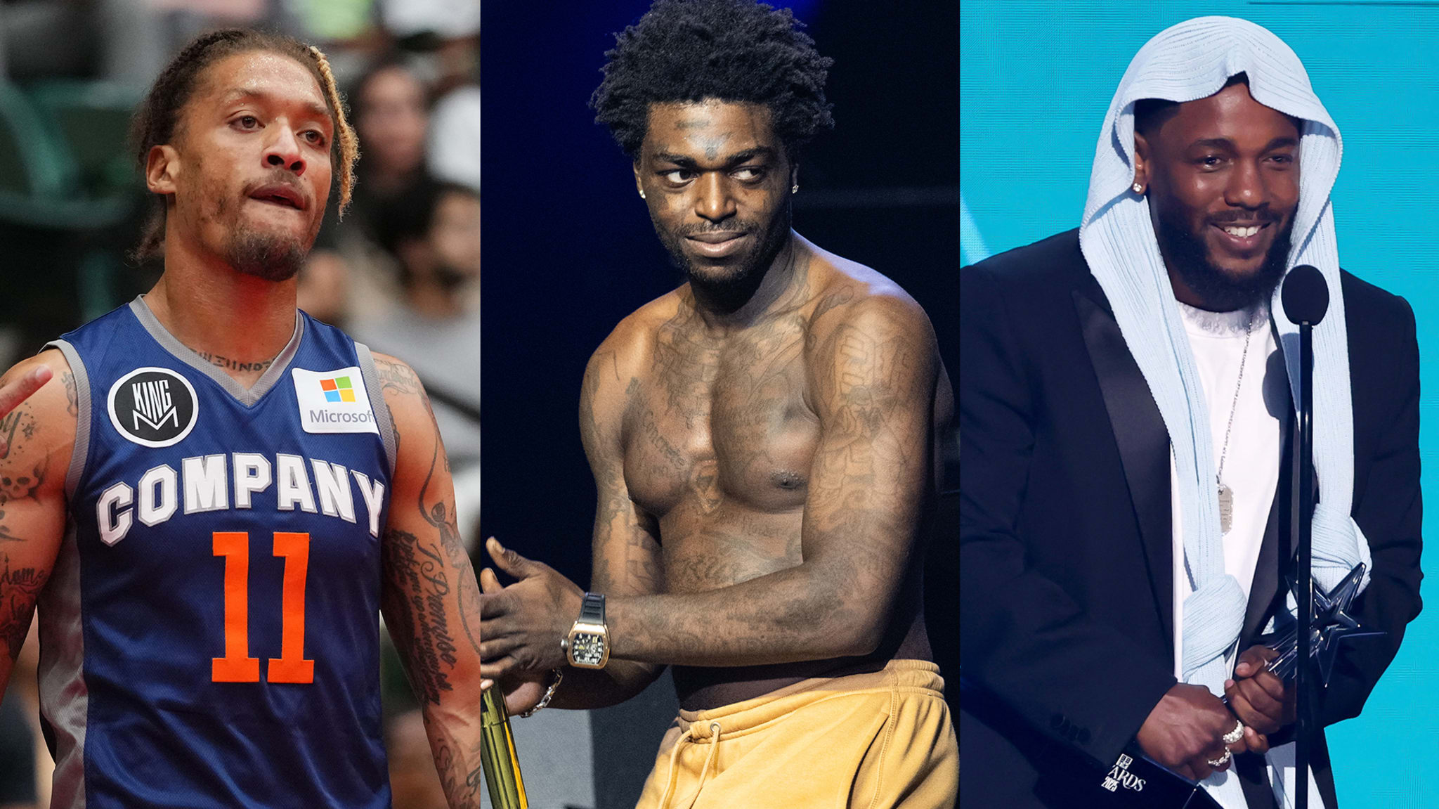 Michael Beasley, Kodak Black, and Kendrick Lamar in a split image.