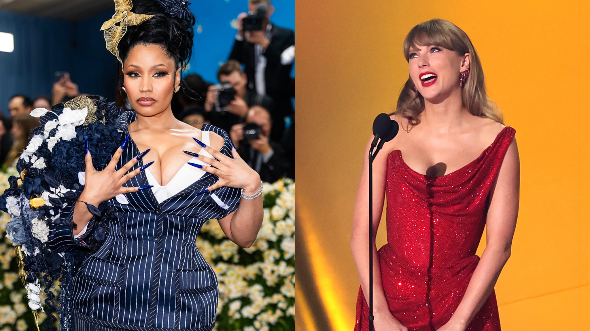 Nicki Minaj in a blue outfit with floral details, and Taylor Swift in a red dress speaking at a microphone.