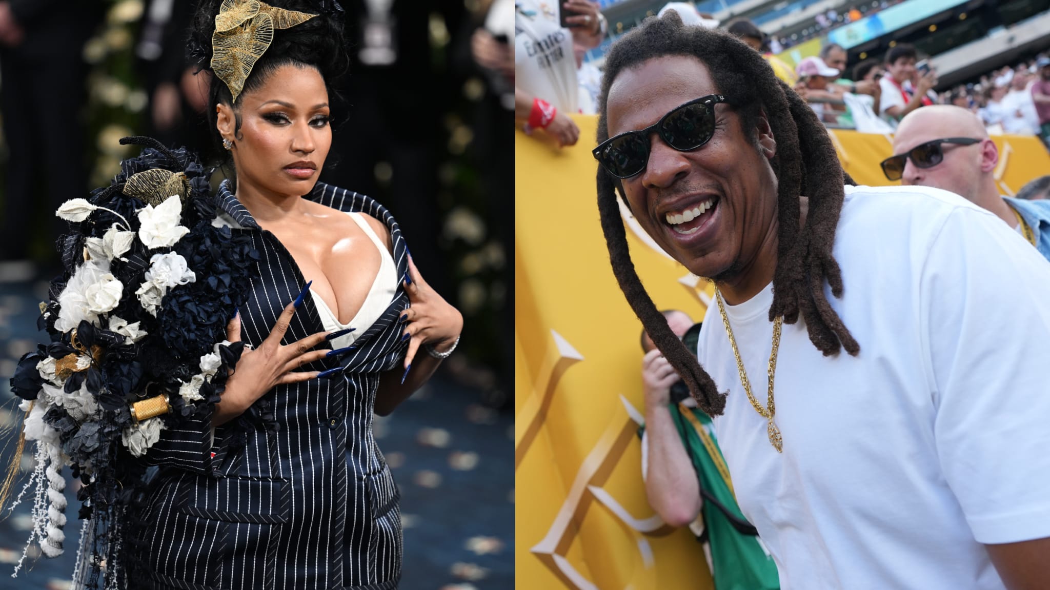 Nicki Minaj in a striped outfit with floral details and Jay-Z smiling in sunglasses and a white shirt at an event.