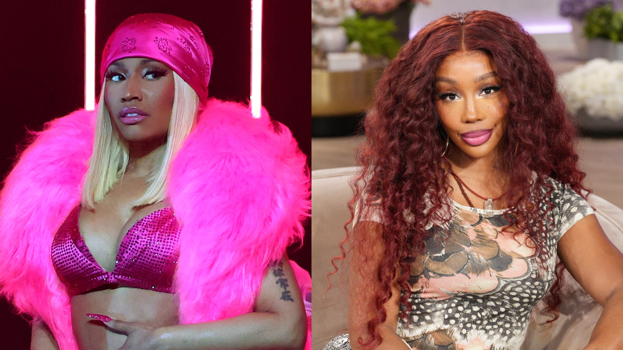 Nicki Minaj in a pink outfit with a feathered shawl, and SZA with long curly hair in a patterned dress.