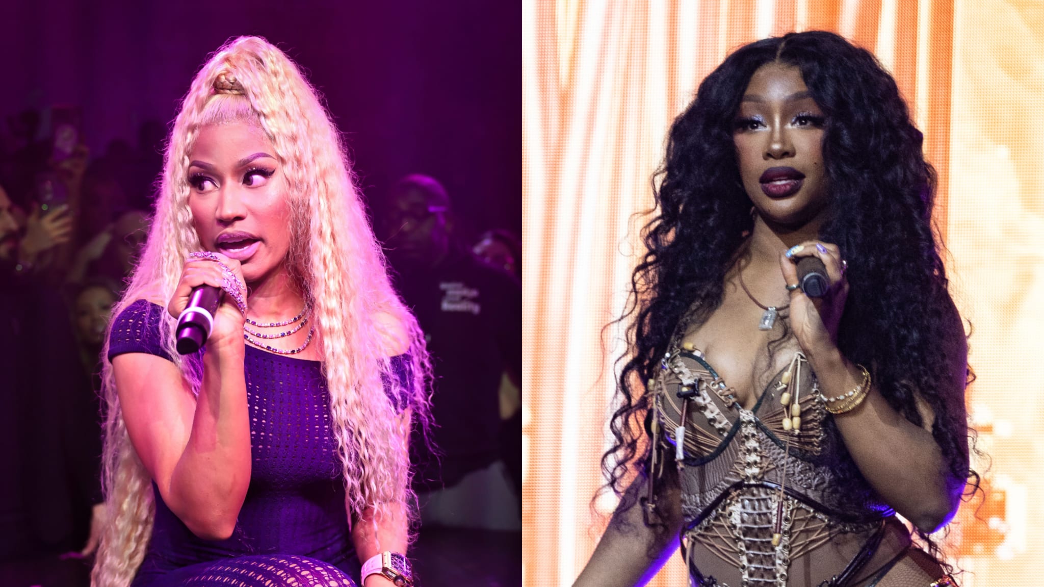 Left: Nicki Minaj performing with long blonde hair, wearing a purple outfit. Right: SZA performing with long curly hair, wearing a detailed brown outfit.