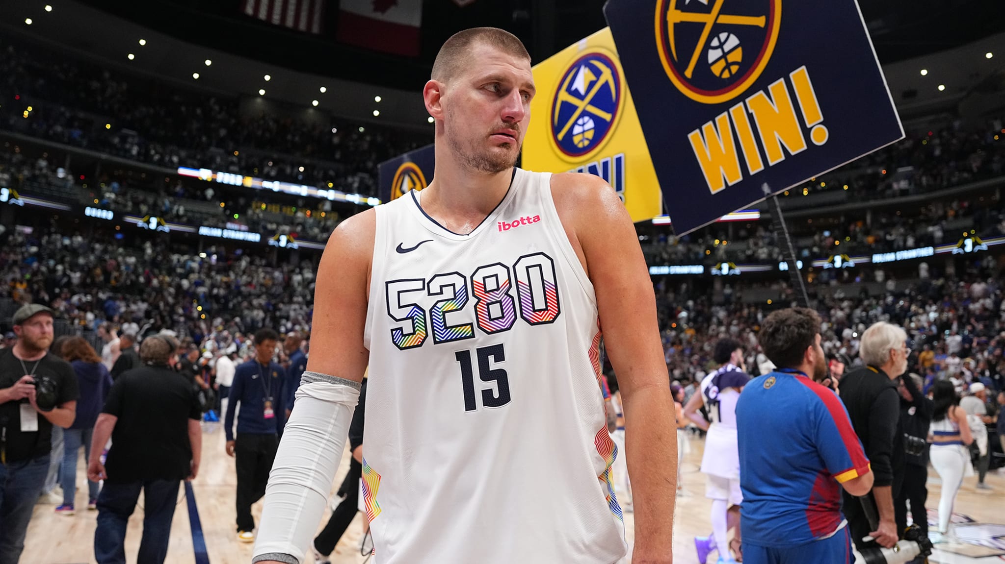Nikola Jokic #15 of the Denver Nuggets looks on during the game against the Oklahoma City Thunder.