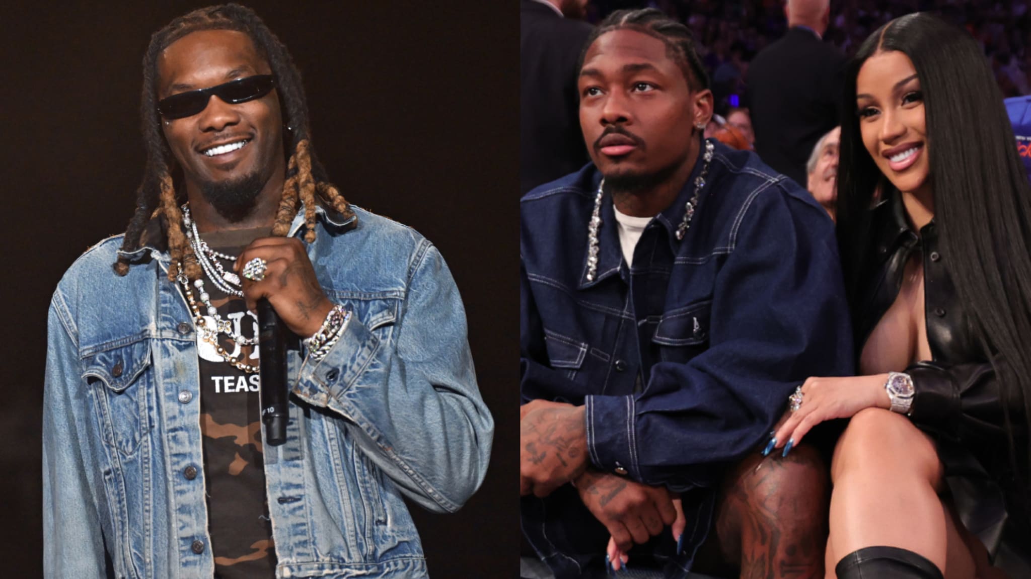 Offset in a denim jacket on stage; Stefon Diggs and Cardi B sitting courtside, smiling.