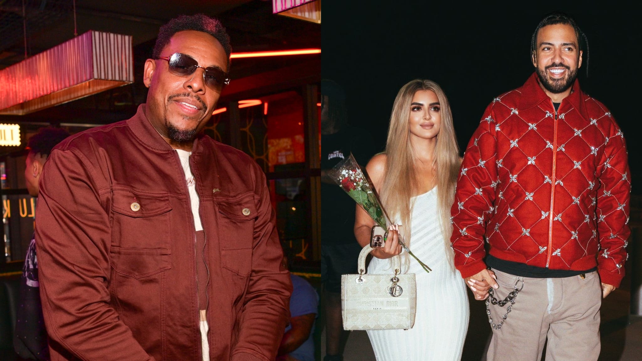 Paul Pierce in a maroon jacket and sunglasses on the left. French Montana in a red jacket, holding hands with Dubai Princess Sheikha Mahra holding flowers on the right.