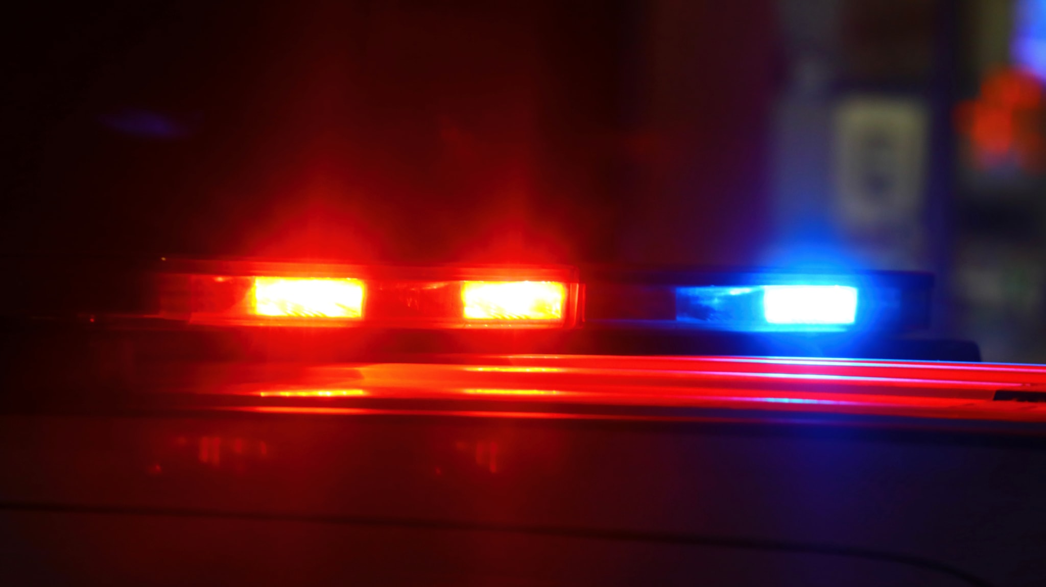 Red and blue police lights flashing in the dark.