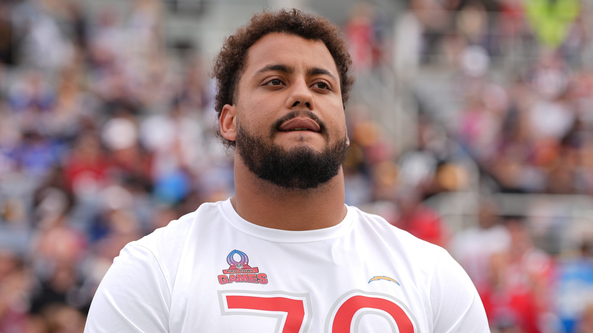 Rashawn Slater #70 of the Los Angeles Chargers and AFC looks on prior to the 2025 NFL Pro Bowl Games.