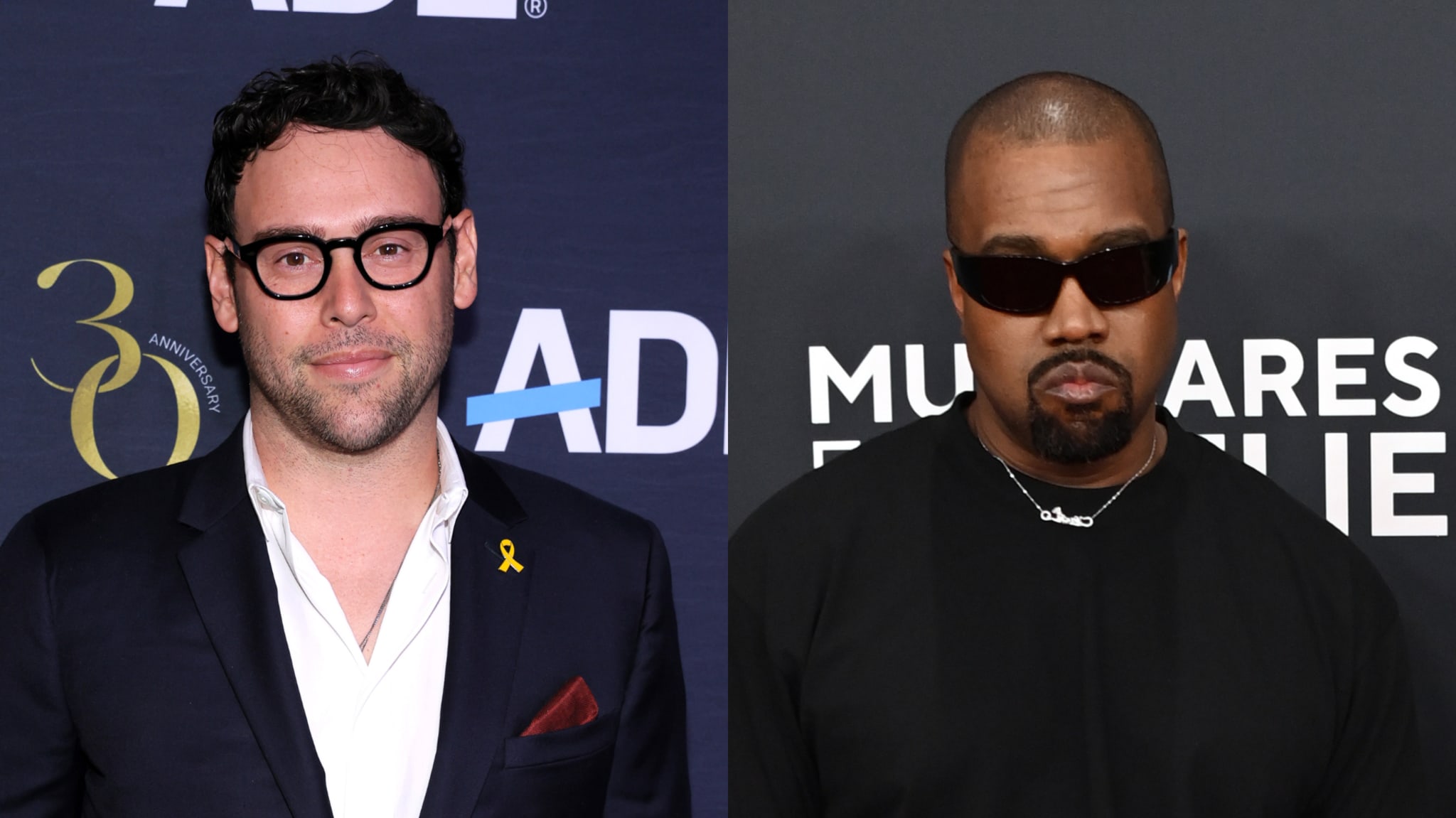 Scooter Braun in a suit with glasses and Kanye West in sunglasses and a black shirt at separate events.