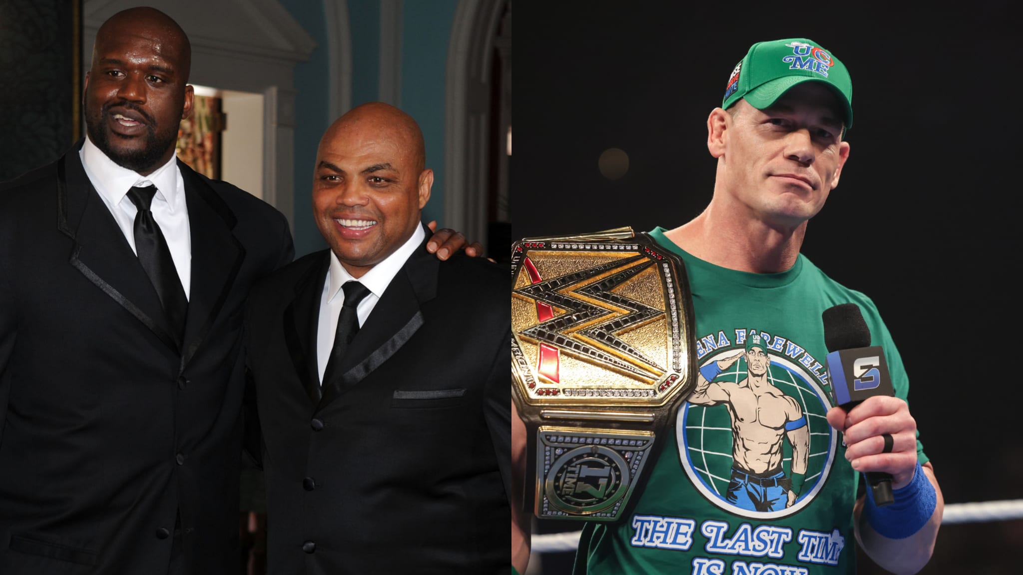 Shaquille O'Neal and Charles Barkley in suits on the left; John Cena holding a WWE Championship belt on the right.