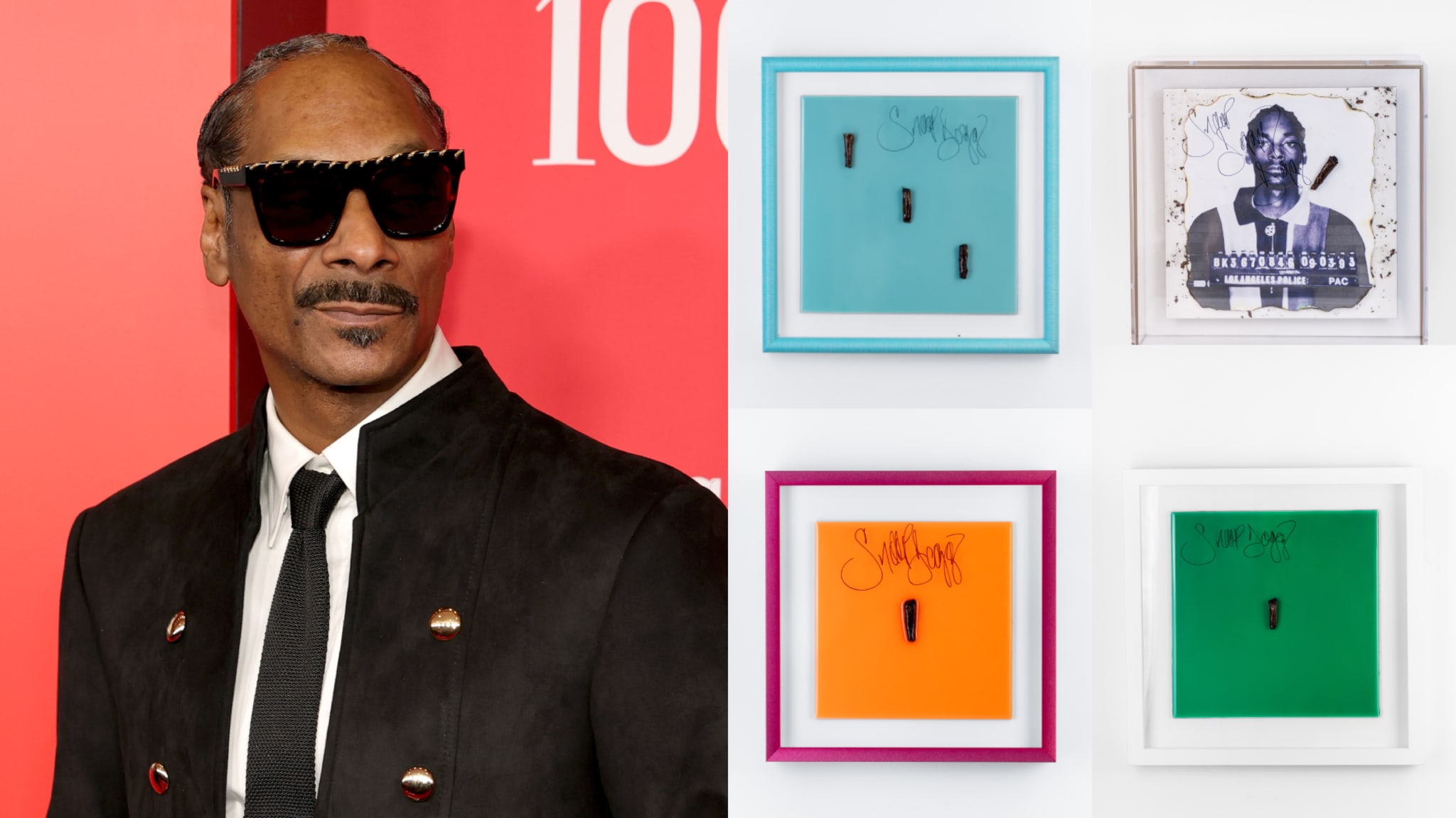 Snoop Dogg wearing sunglasses and a black coat on the left. On the right, framed art pieces with his signature and images.