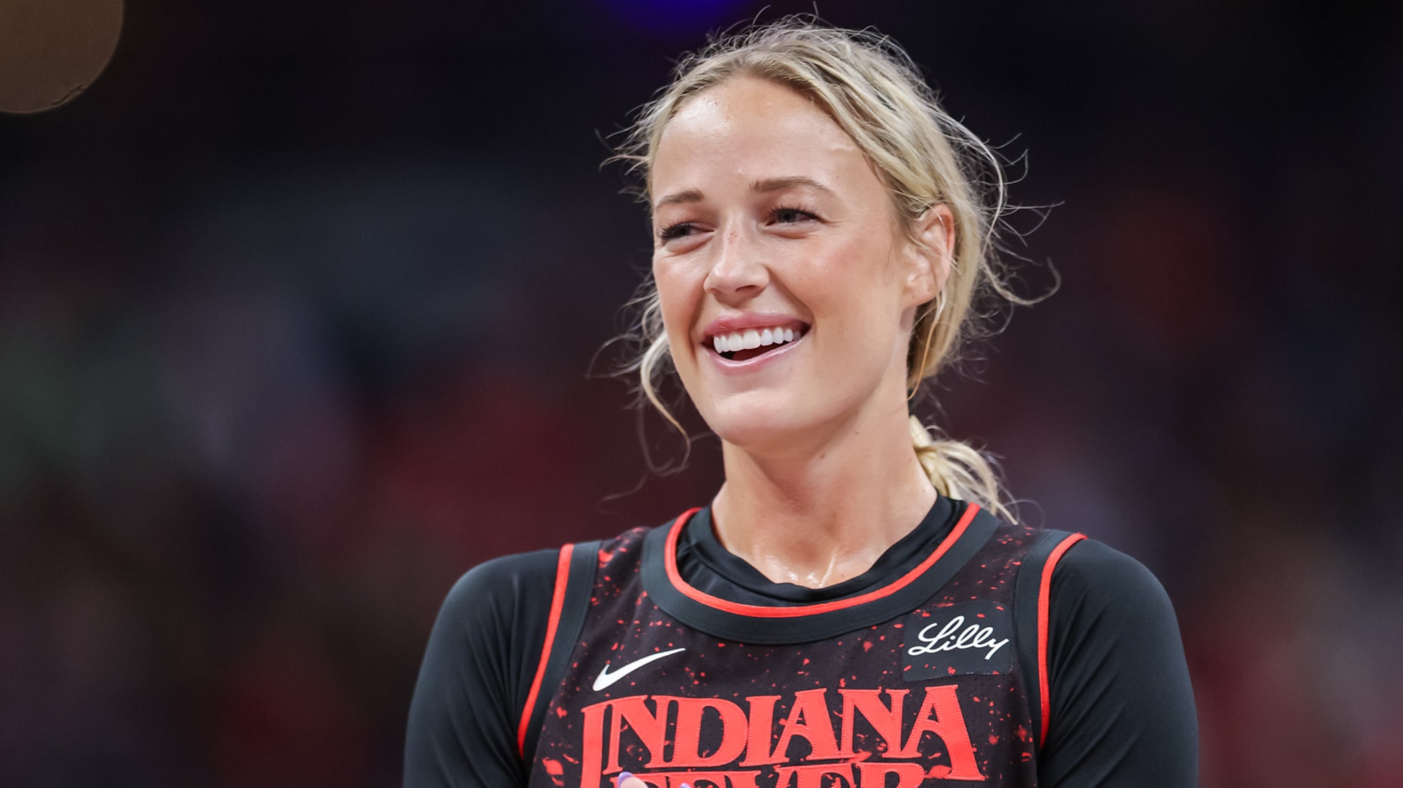 Sophie Cunningham #8 of the Indiana Fever looks on during the game against the Chicago Sky at Gainbridge Fieldhouse on August 9, 2025 in Indianapolis, Indiana.