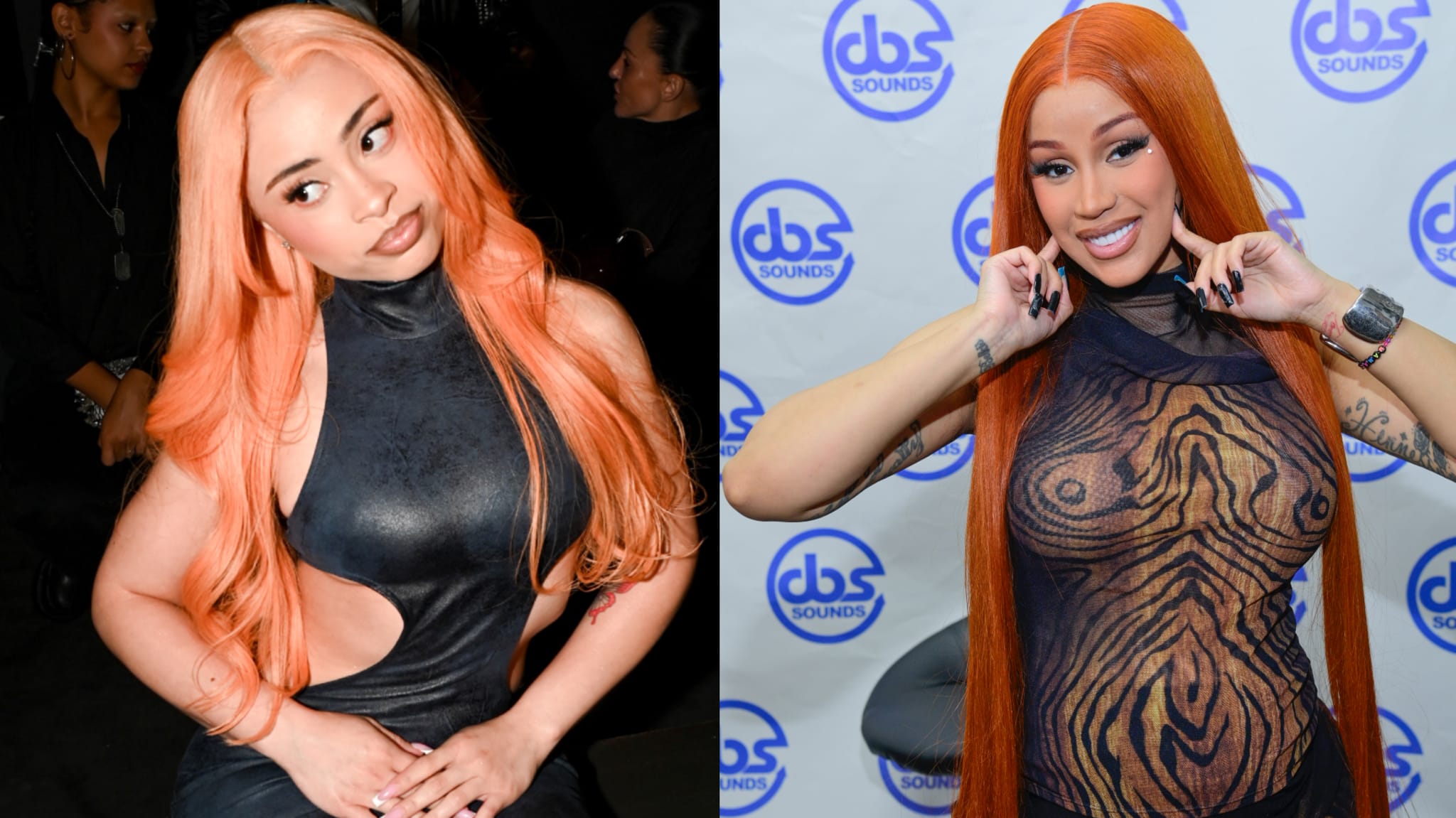 Ice Spice wears a black dress. Cardi B wears a patterned dress, posing in front of a logo backdrop.