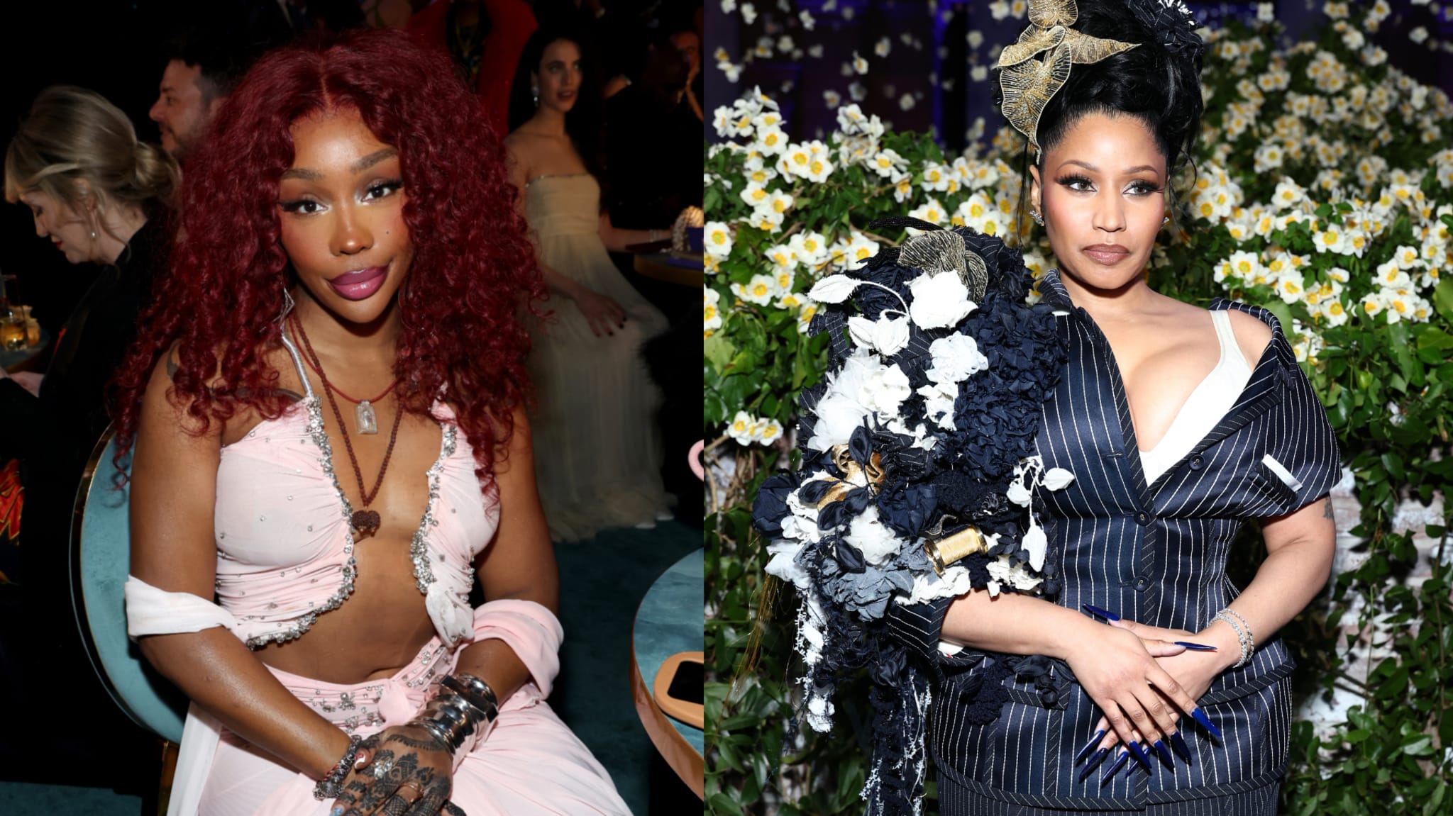 SZA with curly red hair in a pink outfit; Nicki Minaj in a pinstriped dress with floral accents, standing in front of flowers.