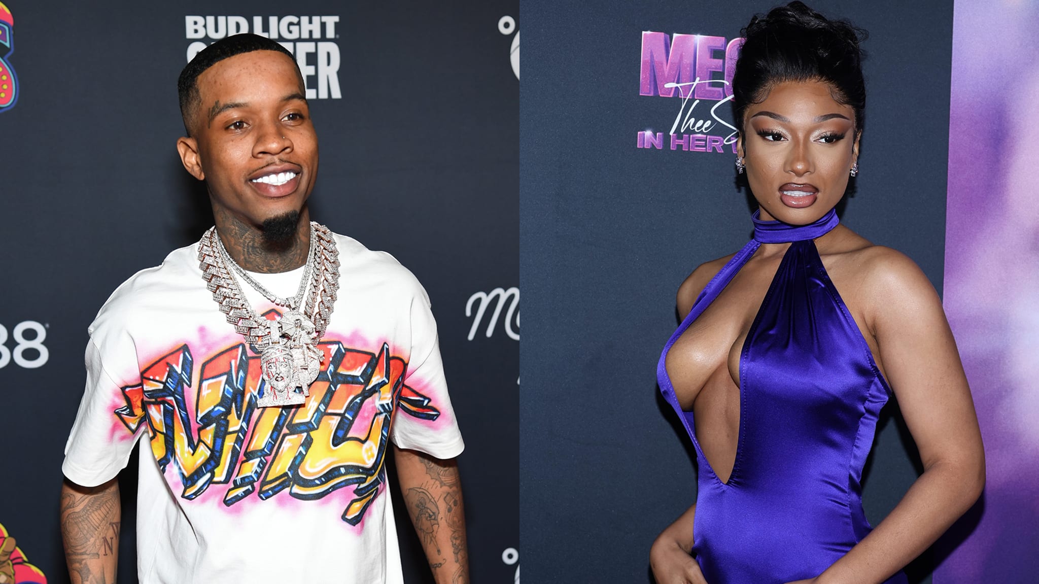 Tory Lanez in a white graphic tee with chains, and Megan Thee Stallion in a purple dress at a red carpet event.