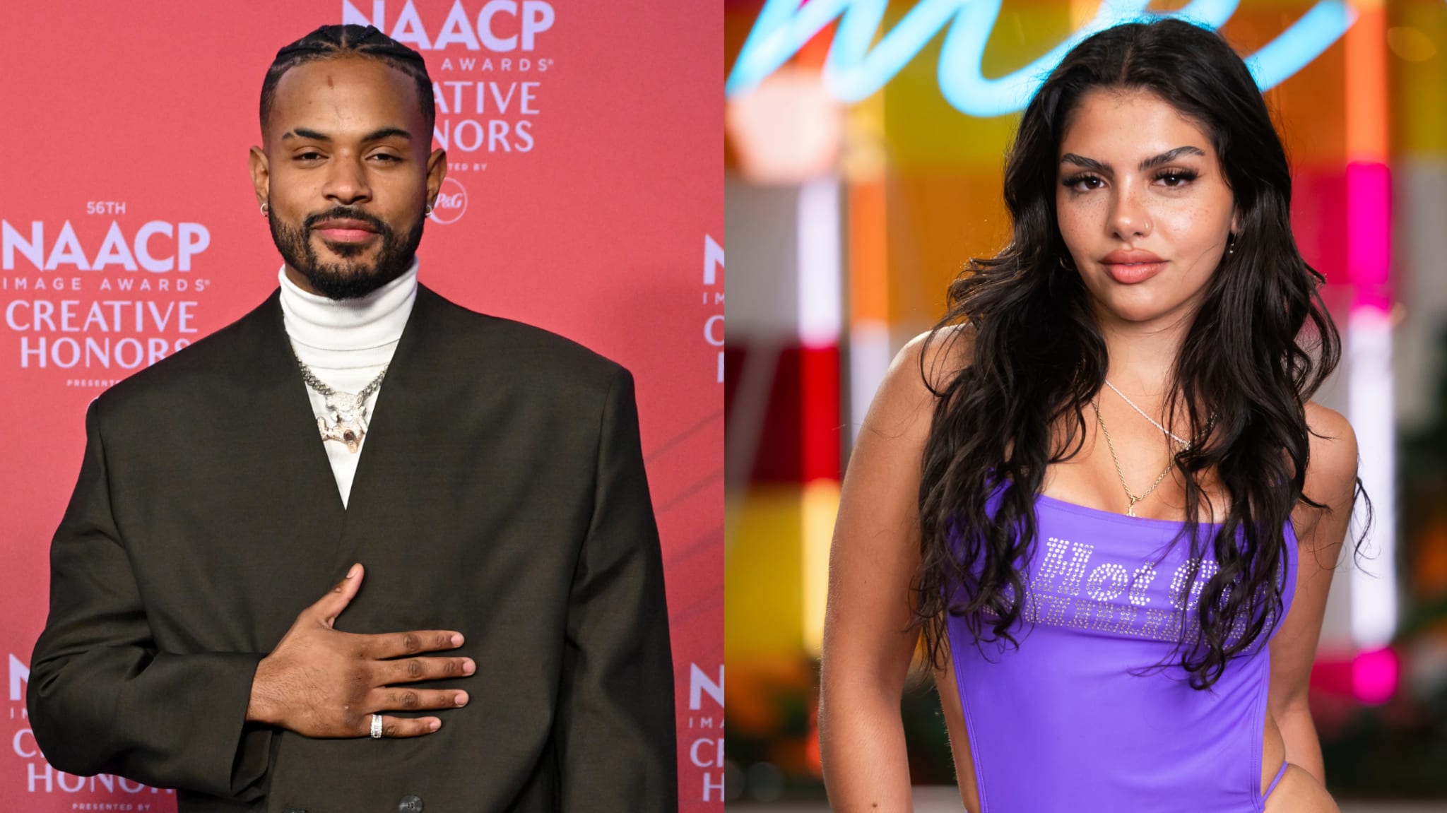 Left: Trevor Jackson in a dark suit at the NAACP Image Awards. Right: Love Island USA's Huda Mustafa in a purple bikini with long dark hair.
