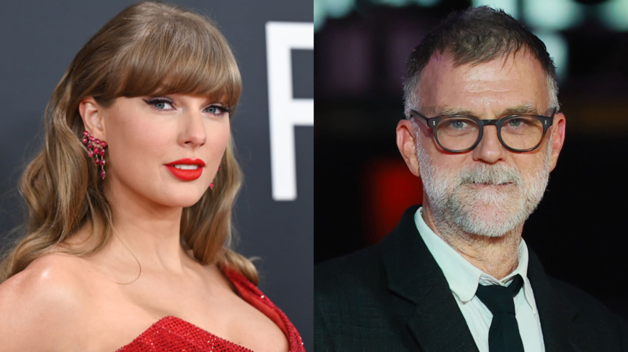 Taylor Swift in a red dress with red lipstick and earrings; Paul Thomas Anderson with glasses, beard, and suit with a tie.
