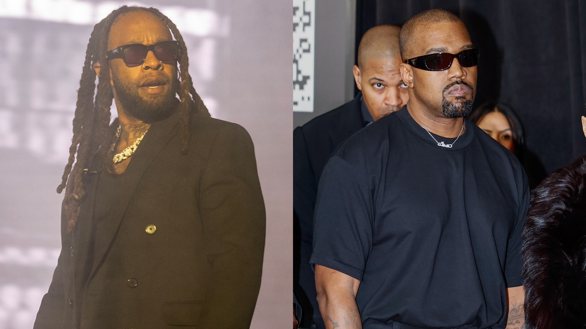 (L) Ty Dolla $ign with dreadlocks and a beard wearing sunglasses. (R) Kanye West wears sunglasses and a dark T-shirt.