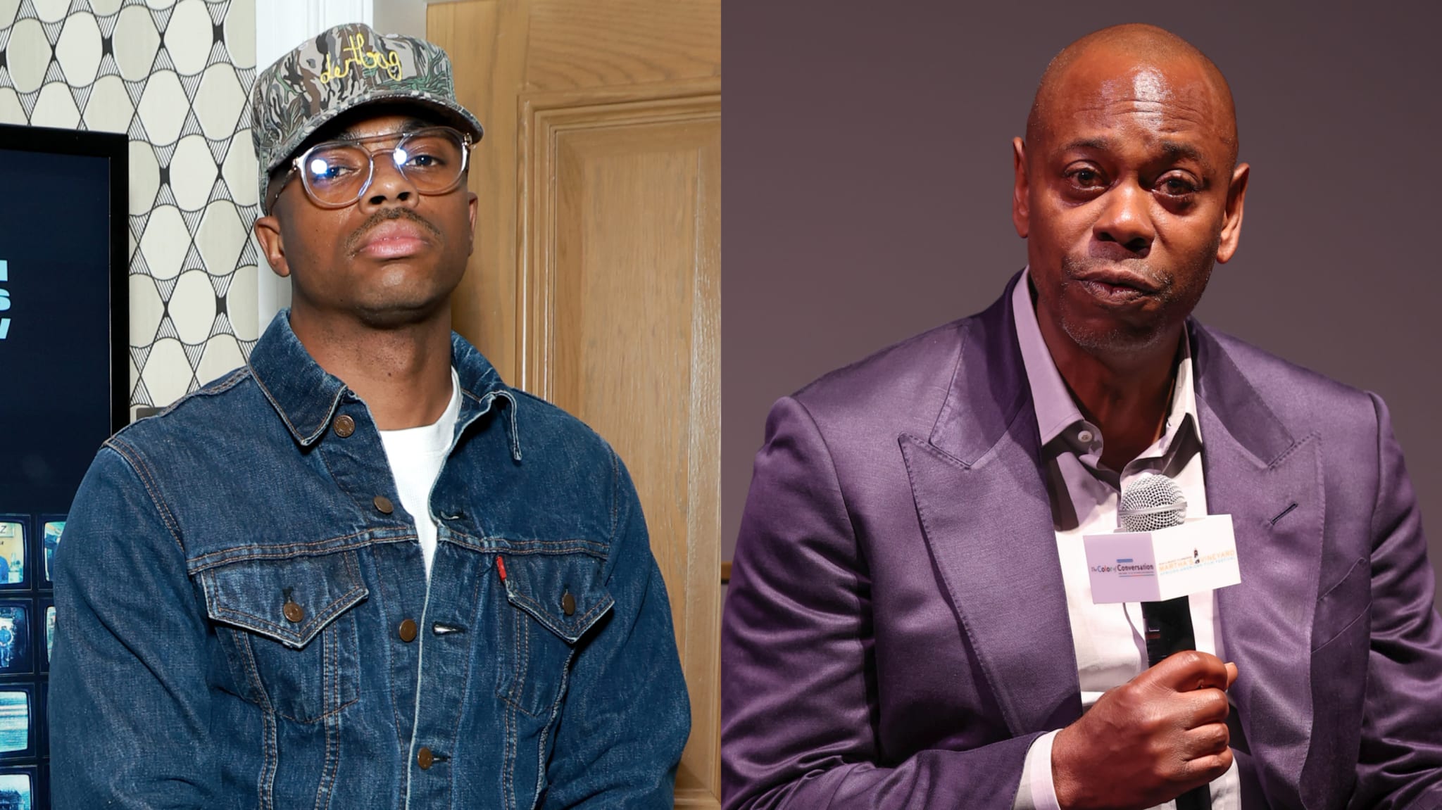 Vince Staples in a denim jacket and cap on the left; Dave Chappelle in a suit holding a microphone on the right.