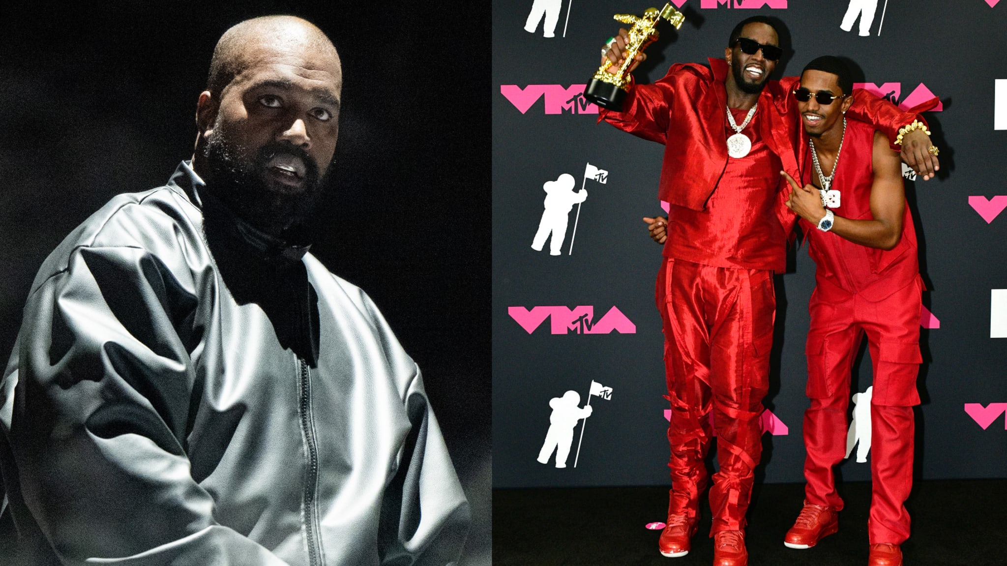 Kanye West in a metallic jacket on the left. Diddy and King Combs in red outfits holding a trophy at the MTV VMAs on the right.