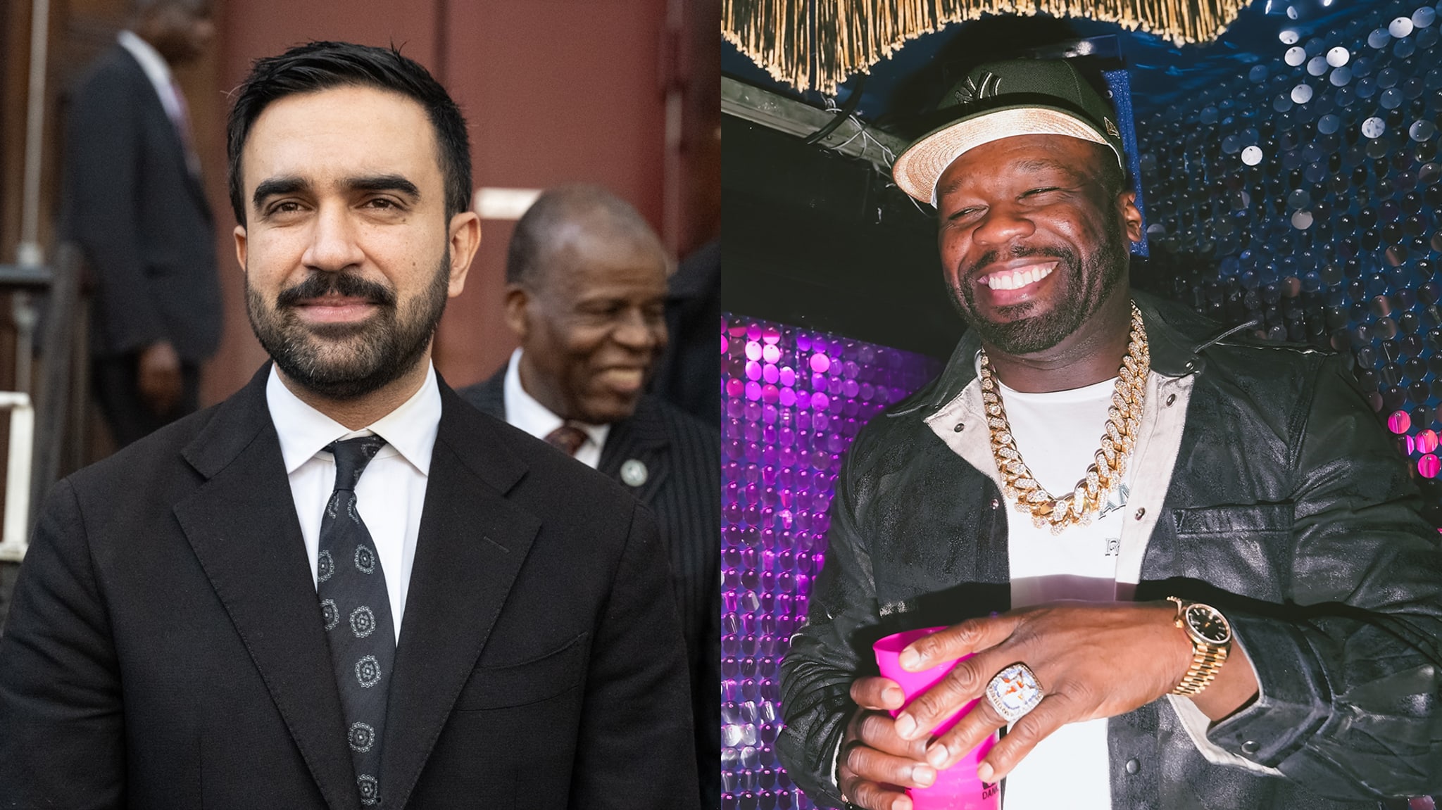 Zohran Mamdani in a suit and tie is on the left. 50 Cent, wearing a cap and gold chains, smiles while holding a drink on the right.