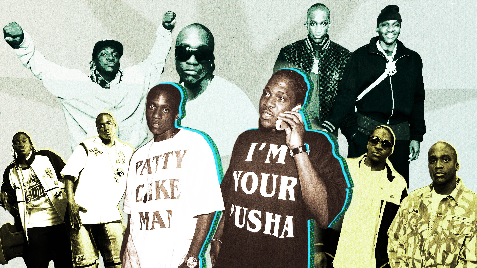 A collage of Clipse in various outfits, including shirts with text "PATTY CAKE MAN" and "I'M YOUR PUSHA," posing in different settings.