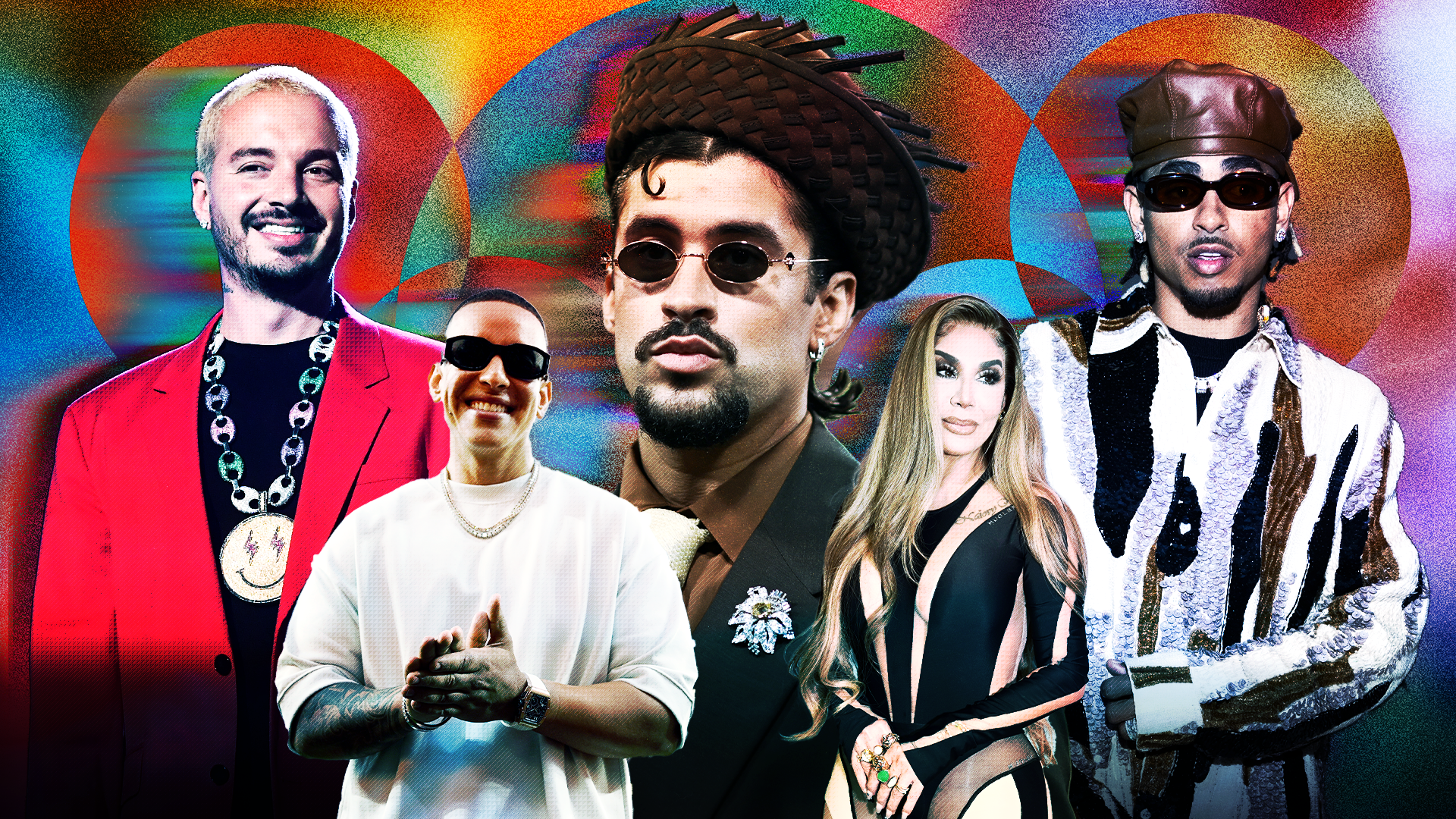 J Balvin, Daddy Yankee, Bad Bunny, Ivy Queen, and Ozuna are posing against a colorful background.
