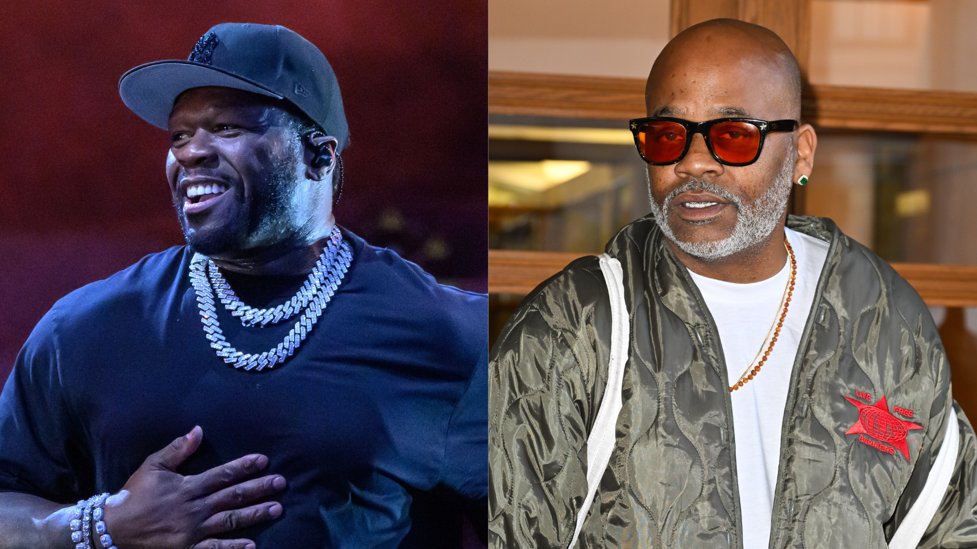 50 Cent smiling in a cap and chains, and Dame Dash wearing sunglasses and a jacket, both in separate images.
