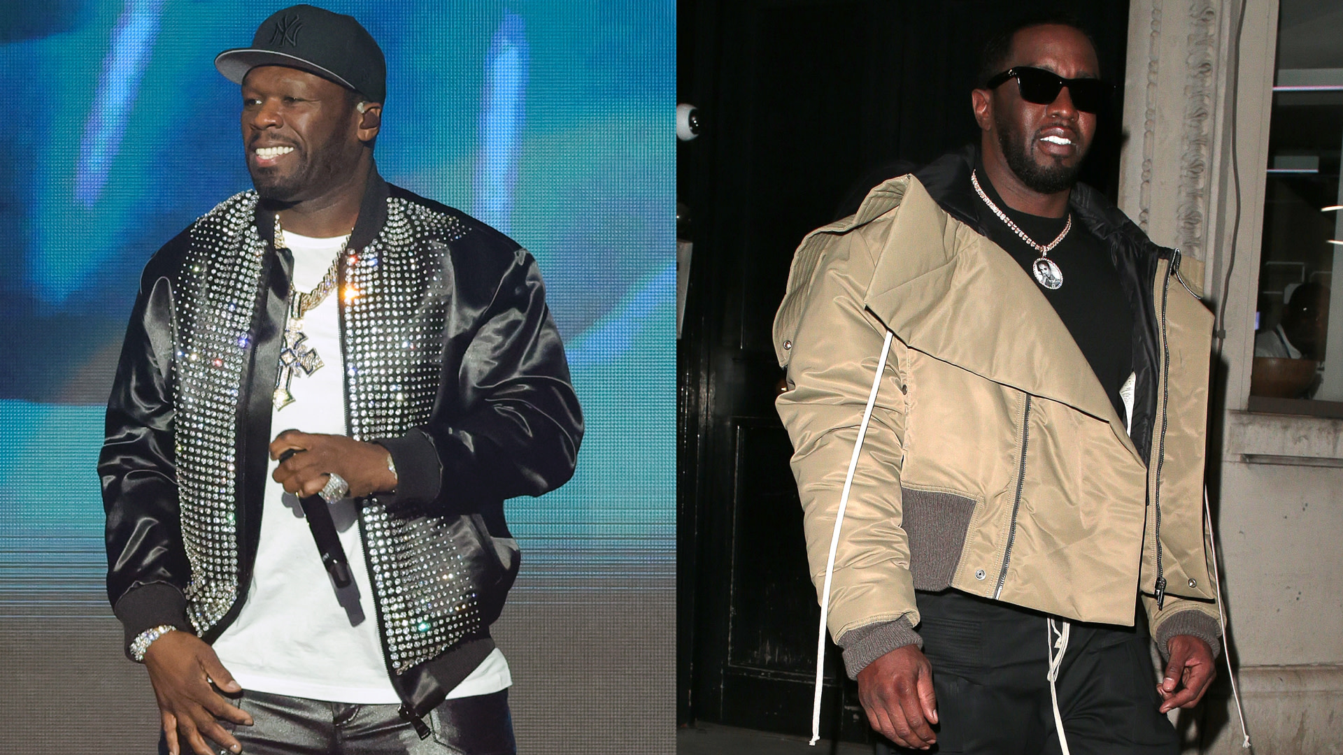 50 Cent on stage wearing a studded jacket and cap; Diddy in a beige jacket and sunglasses, both smiling.