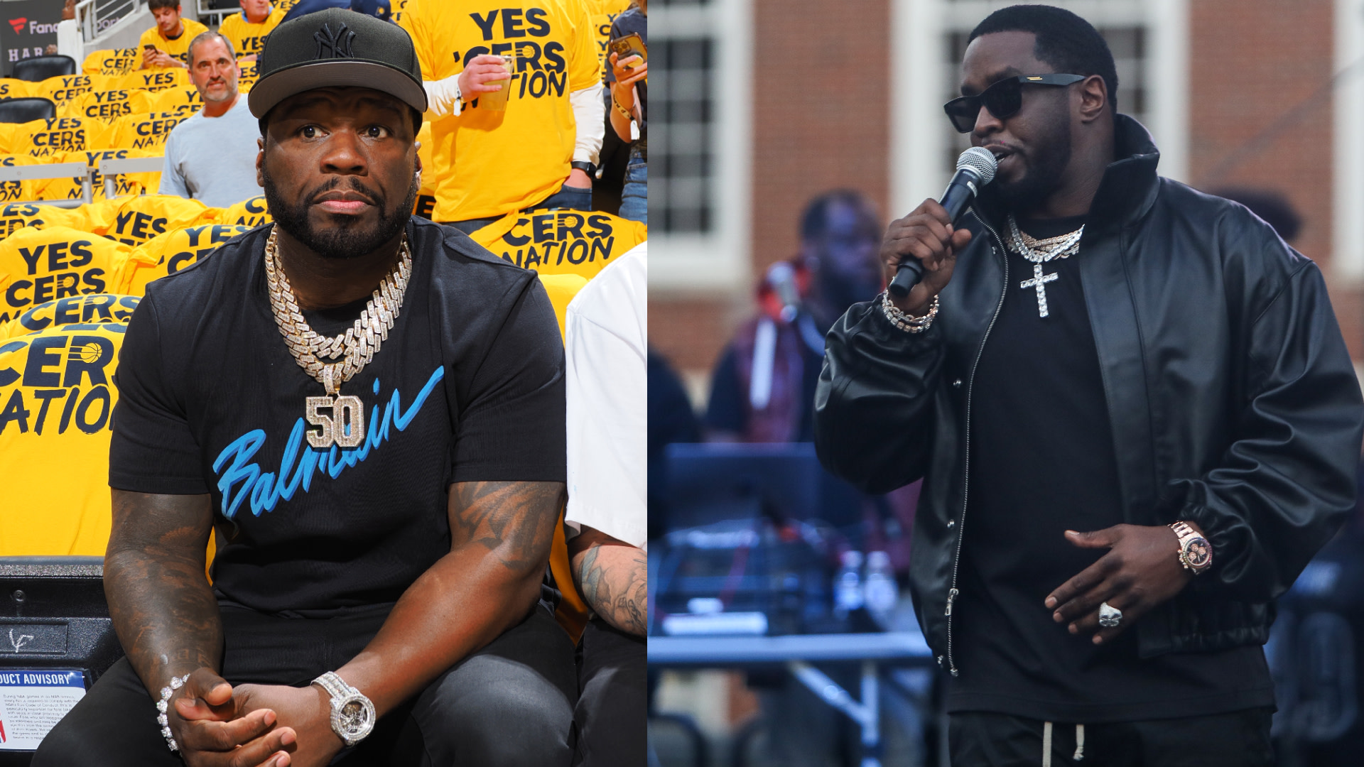 Two images: Left, 50 Cent wearing a cap and jewelry at a sports event. Right, Diddy in sunglasses and a black jacket holding a microphone.