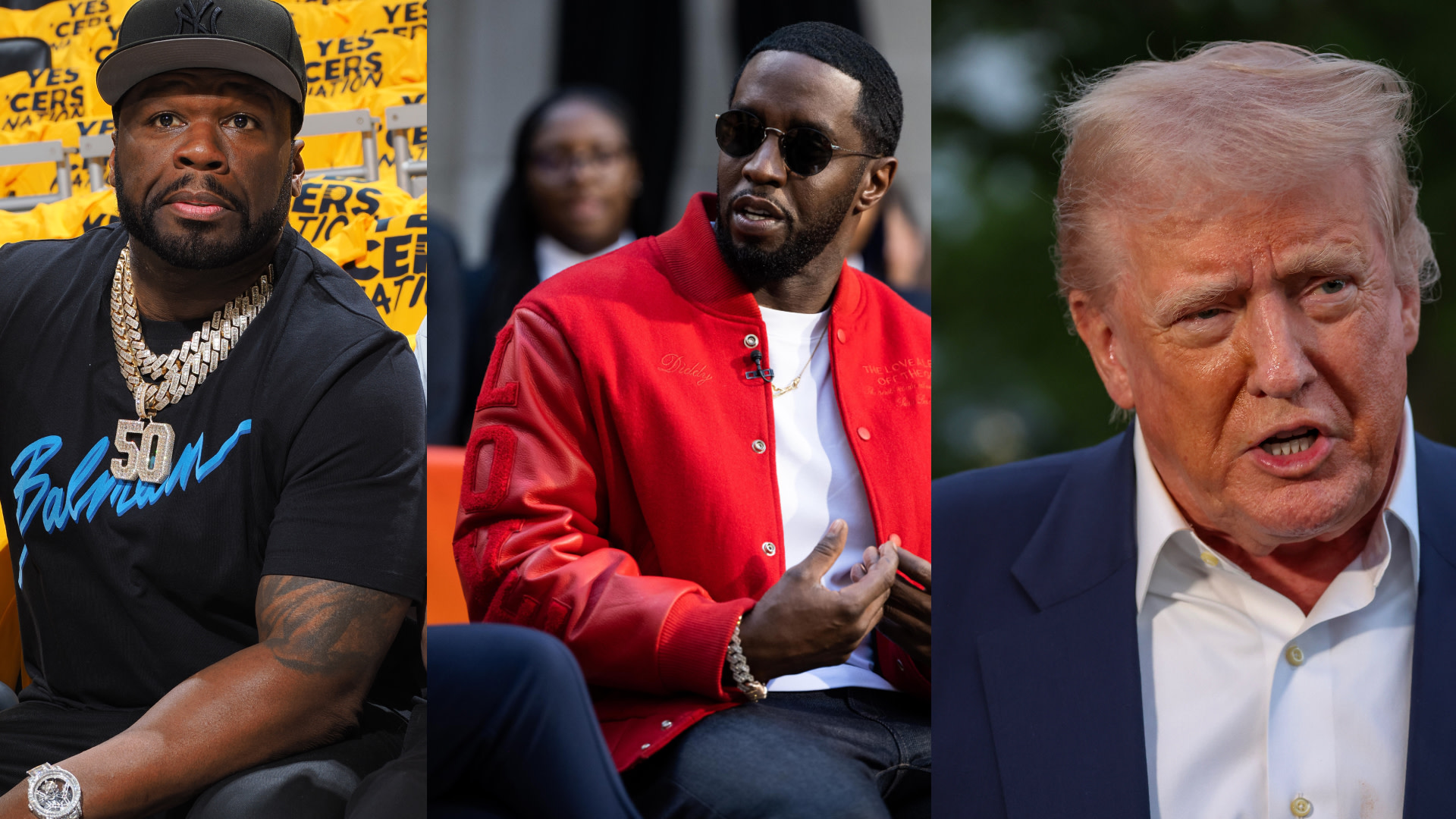 50 Cent wearing a black hat and chains, Diddy in a red jacket, and Donald Trump in a suit.