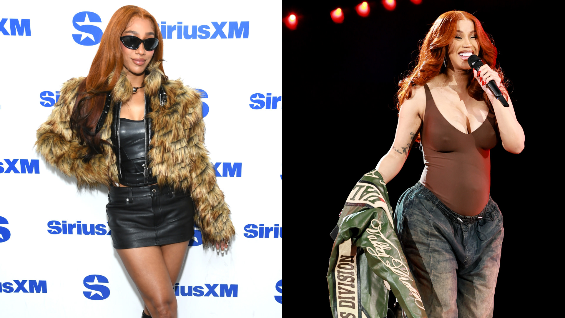 Left: BIA wearing sunglasses, fur coat, and leather outfit at a SiriusXM event. Right: Cardi B performing on stage in a brown outfit, holding a microphone.