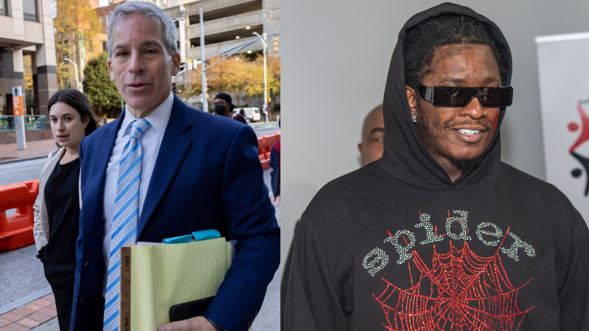Brian Steel in a suit holding a folder walks outdoors; Young Thug in a black hoodie with "spider" design and sunglasses smiles indoors.