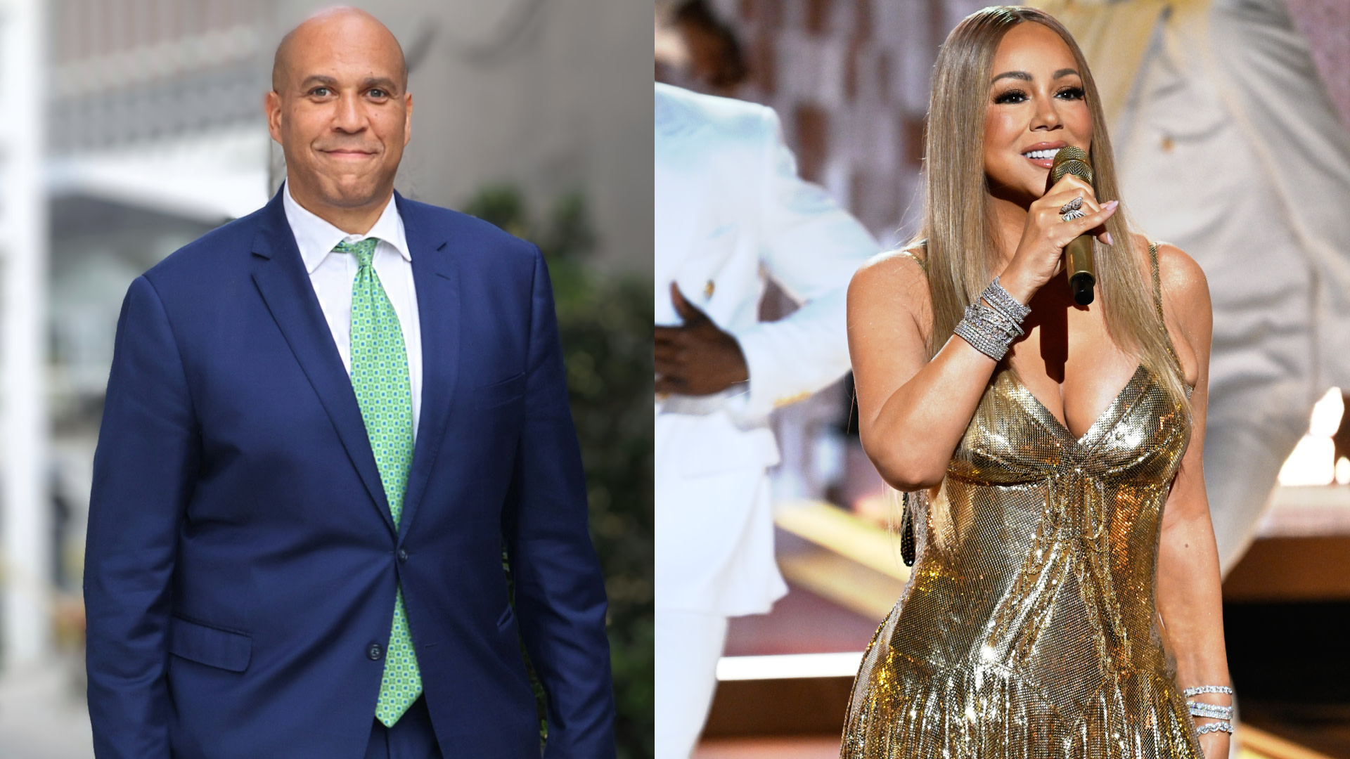 Cory Booker in a suit and Mariah Carey singing in a gold dress on stage.