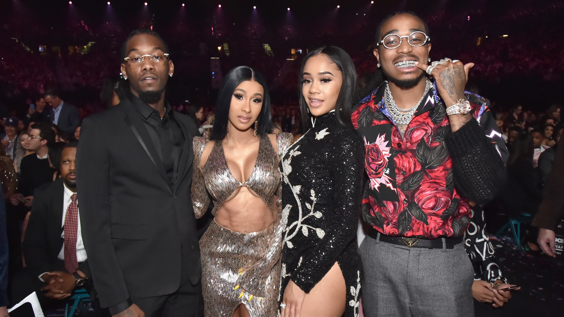 LAS VEGAS, NV - MAY 01: (L-R) Offset of Migos, Cardi B, Saweetie, and Quavo of Migos attend the 2019 Billboard Music Awards at MGM Grand Garden Arena on May 1, 2019 in Las Vegas, Nevada.
