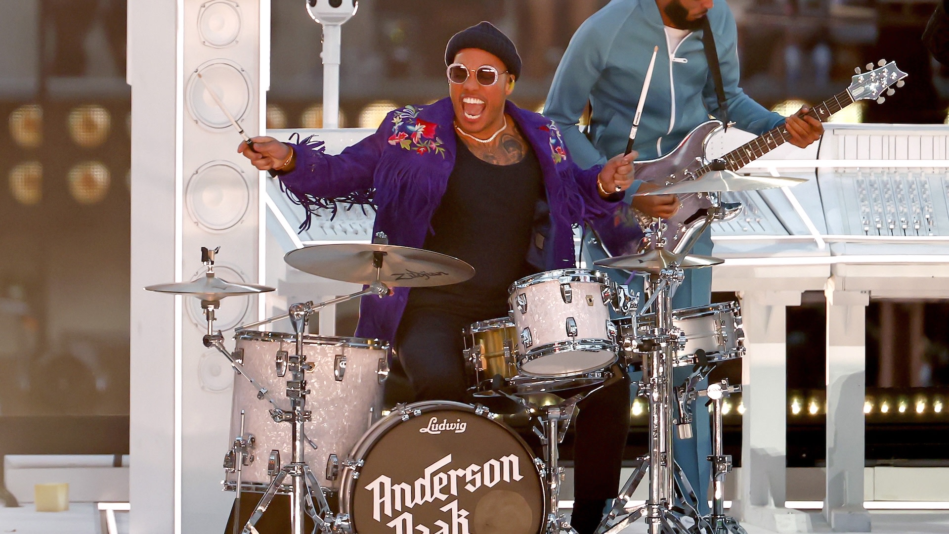 INGLEWOOD, CALIFORNIA - FEBRUARY 13: Anderson .Paak performs during the Pepsi Super Bowl LVI Halftime Show at SoFi Stadium on February 13, 2022 in Inglewood, California.