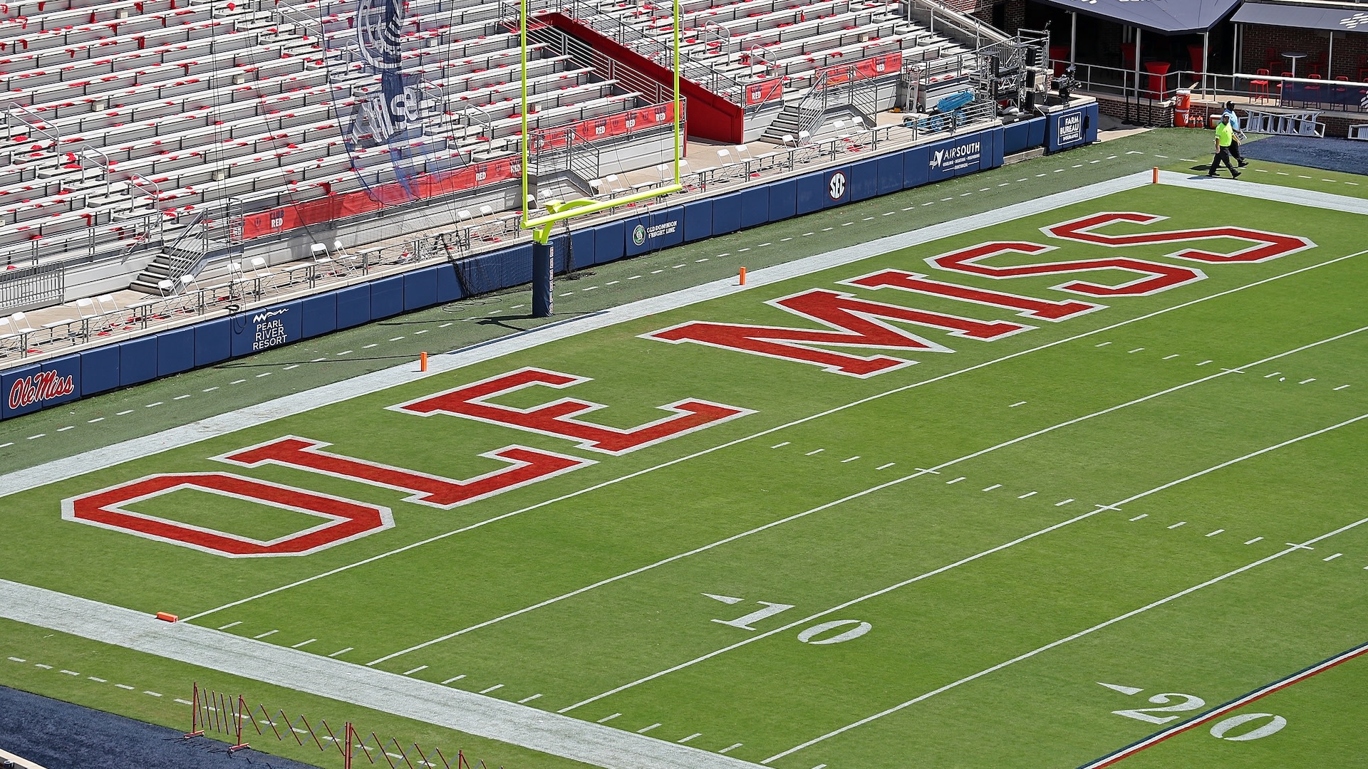 OXFORD, MISSISSIPPI - SEPTEMBER 07: A view of the end zone of Vaught-Hemingway Stadium before the game between the Mississippi Rebels and the Middle Tennessee Blue Raiders at Vaught-Hemingway Stadium on September 07, 2024 in Oxford, Mississippi. 