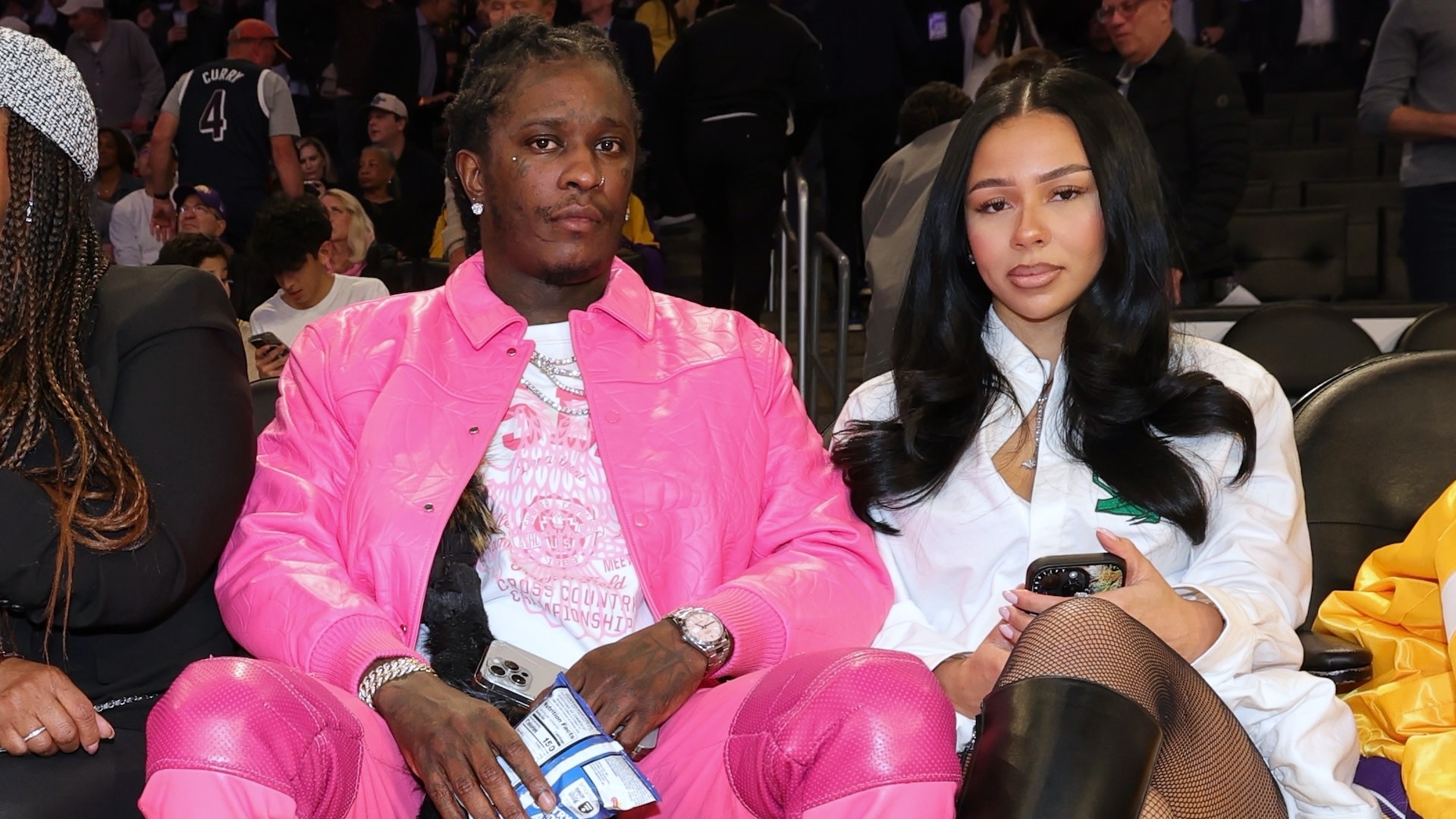 LOS ANGELES, CA - APRIL 3: Young Thug and Mariah The Scientist attends the game between the Golden State Warriors and the Los Angeles Lakers on April 3, 2025 at Crypto.Com Arena in Los Angeles, California.