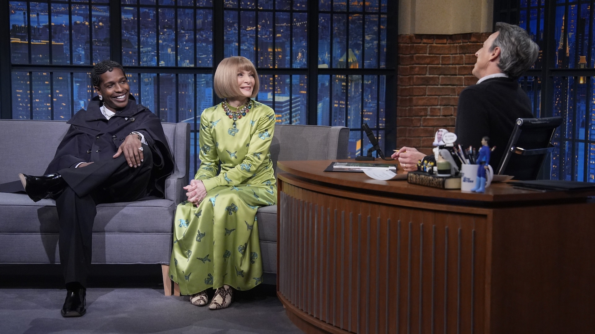 (L-R) Editor Anna Wintour and Singer A$AP Rocky during an interview with host Seth Meyers on May 7, 2025.