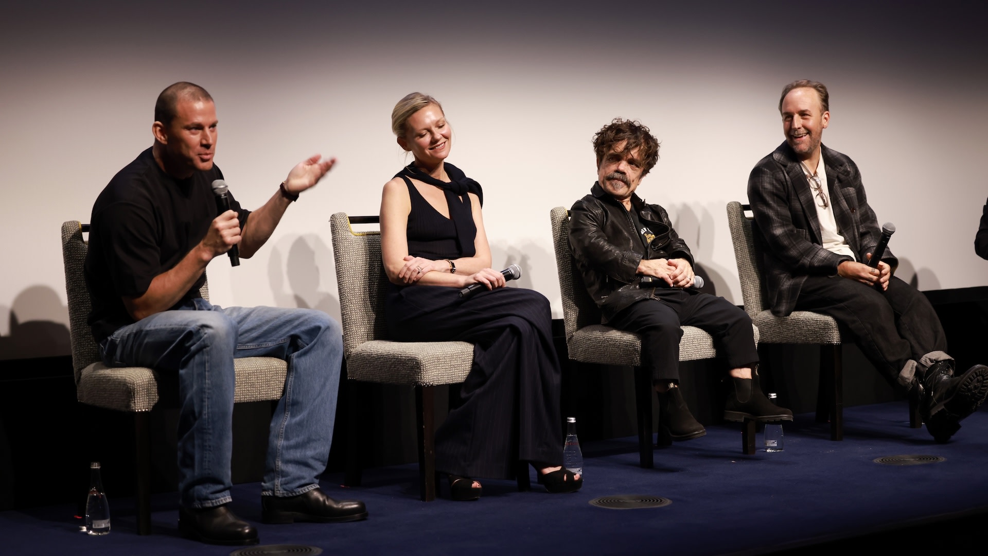 NEW YORK, NEW YORK - SEPTEMBER 08: (L-R) Channing Tatum, Kirsten Dunst, Peter Dinklage and Derek Cianfrance speak onstage during the "Roofman" New York Special Screening at the Crosby Street Hotel on September 08, 2025, in New York, New York.
