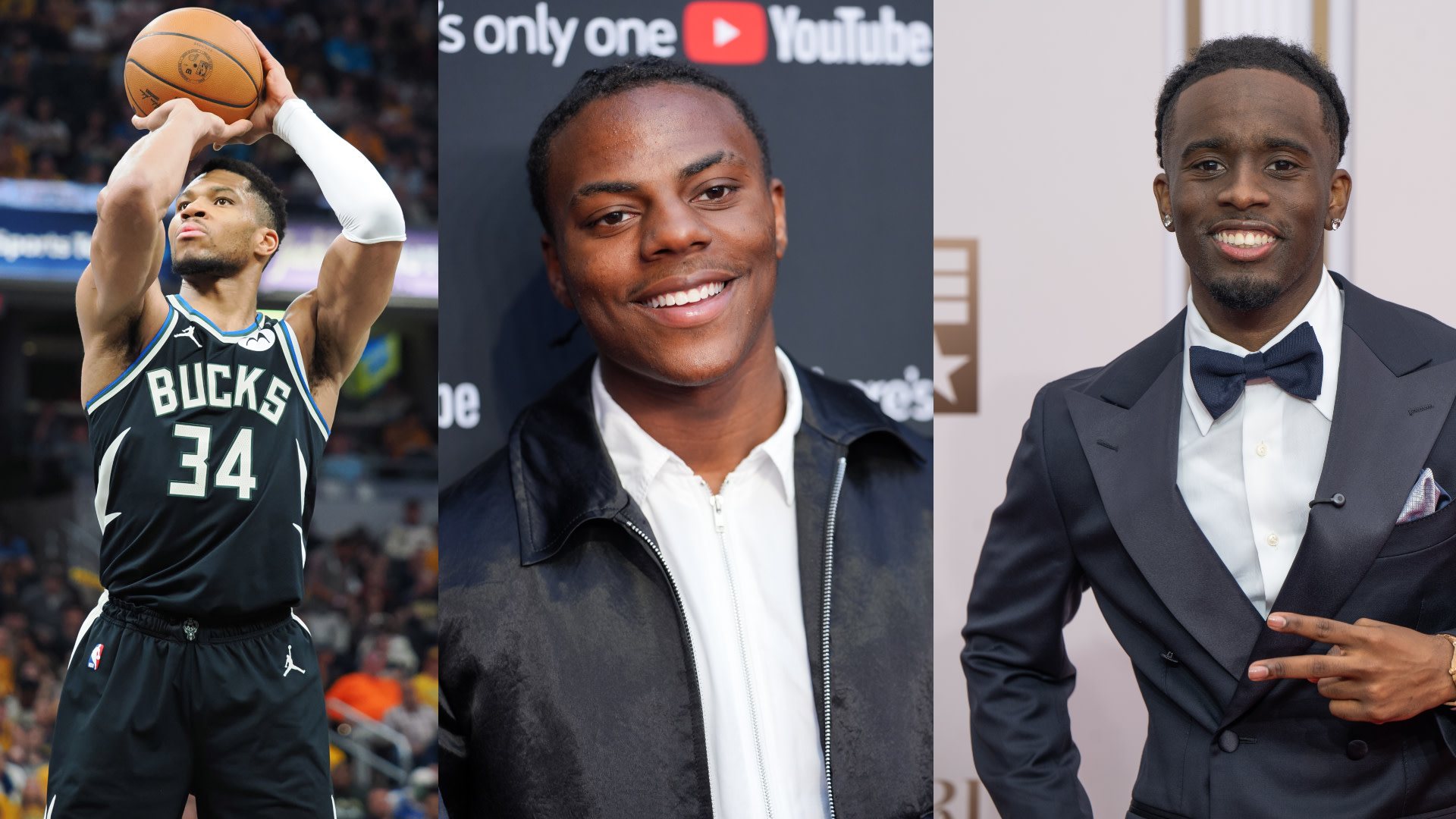 Giannis Antetokounmpo playing basketball, IShowSpeed smiling at an event, and Kai Cenat in a suit at an awards ceremony.