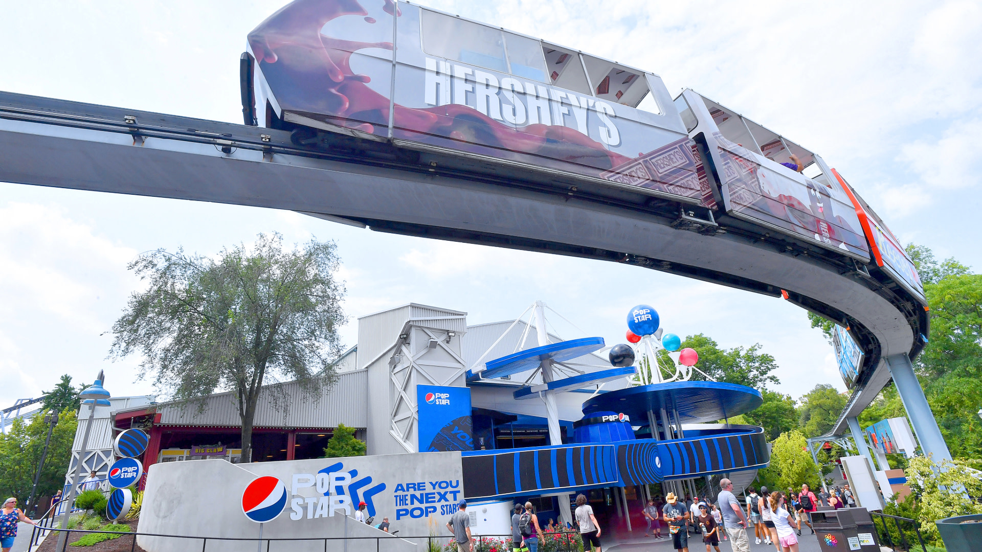 A theme park with a monorail featuring Hershey's branding, Pepsi Pop Star signage, and people walking below.
