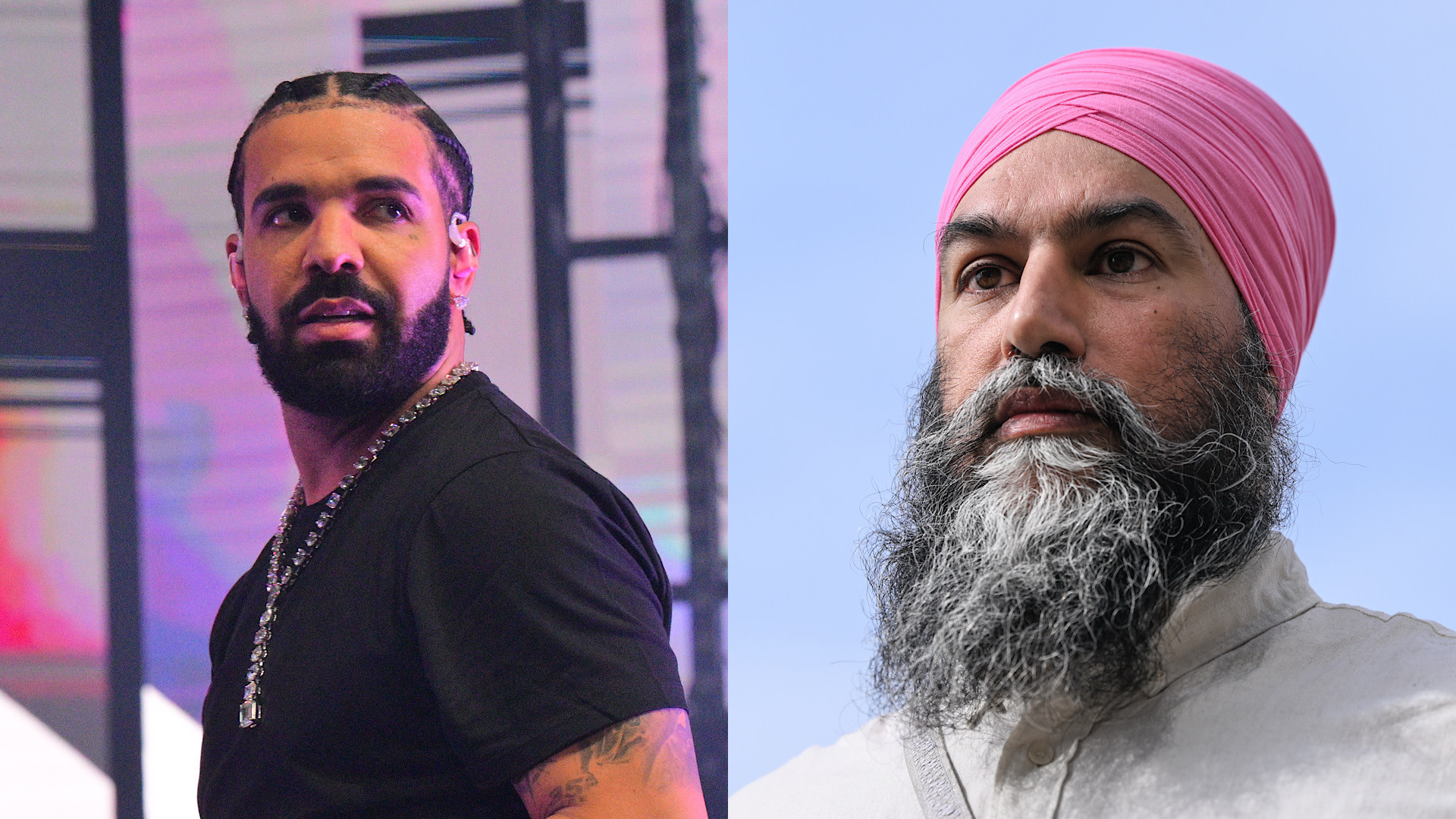 Drake on the left wearing a black shirt with braids, and Jagmeet Singh on the right wearing a pink turban and white shirt.