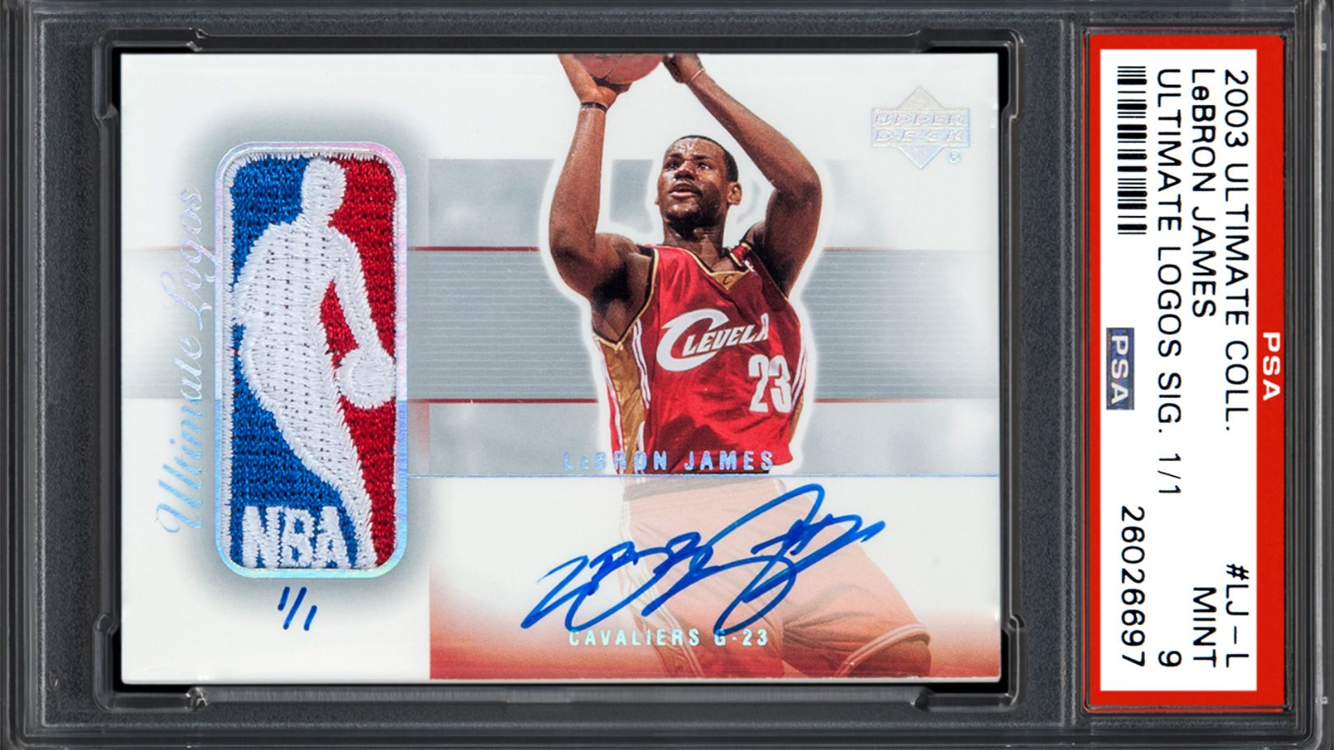 2003 LeBron James basketball card featuring him in a Cavaliers jersey, with NBA logo patch and signature.