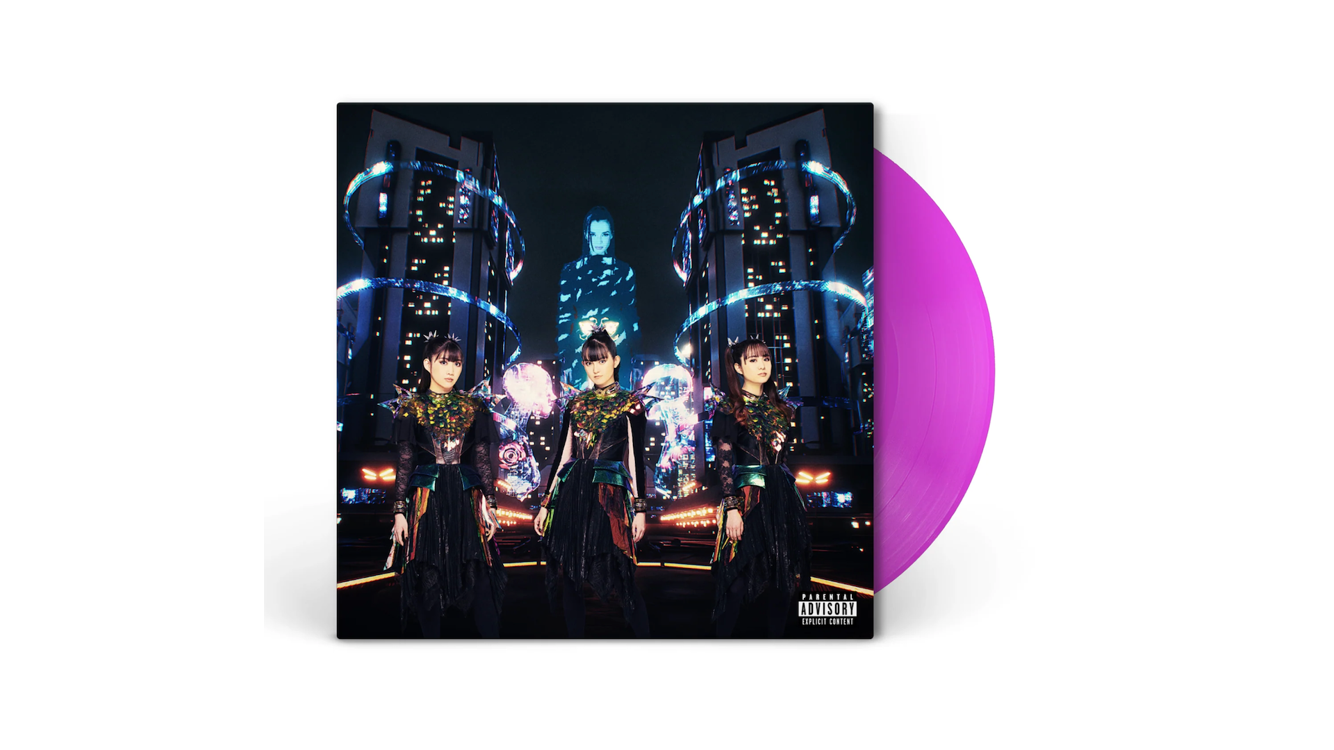 The image shows an album cover featuring a futuristic cityscape with three women in elaborate outfits, and a purple vinyl record.