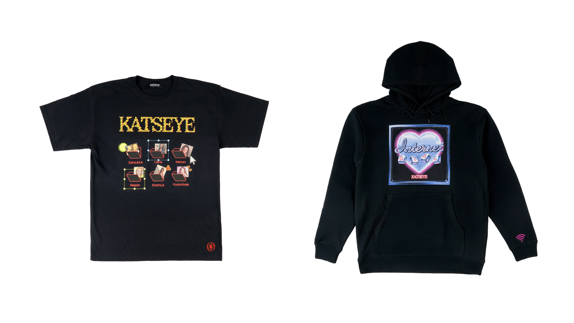 Black graphic T-shirt with "KATSEYE" and images; black hoodie with heart design and "Internet" text.