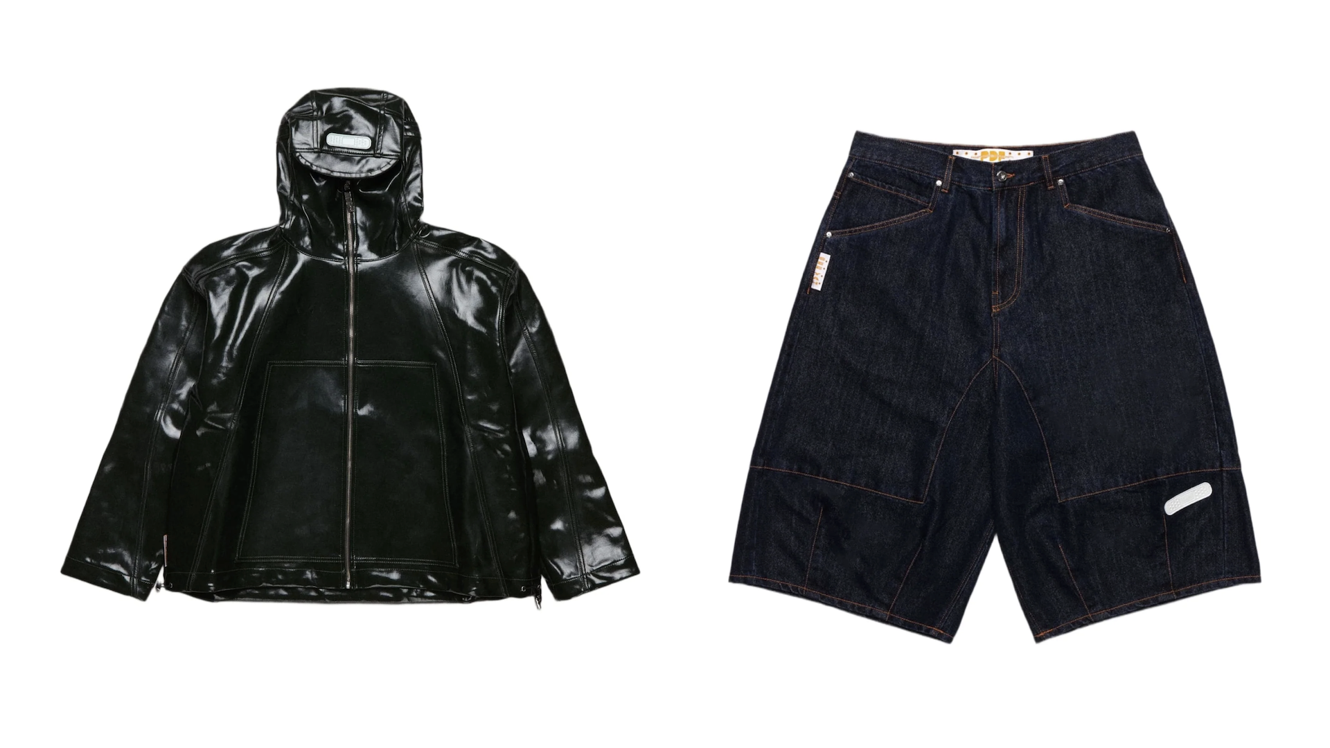 A black shiny hooded jacket and dark denim shorts with red stitching, displayed on a white background.