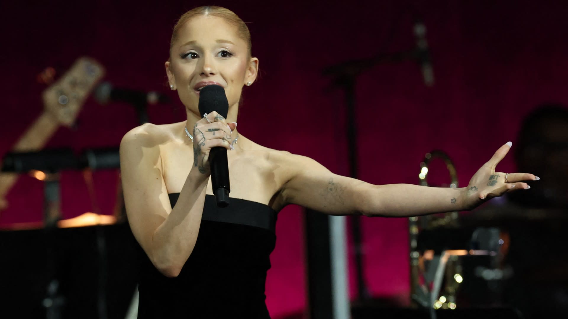 US actress Ariana Grande speaks onstage about "Wicked: For Good" during the CinemaCon 2025 Universal Pictures and Focus Features presentation at The Colosseum at Caesars Palace in Las Vegas, Nevada on April 2, 2025. 